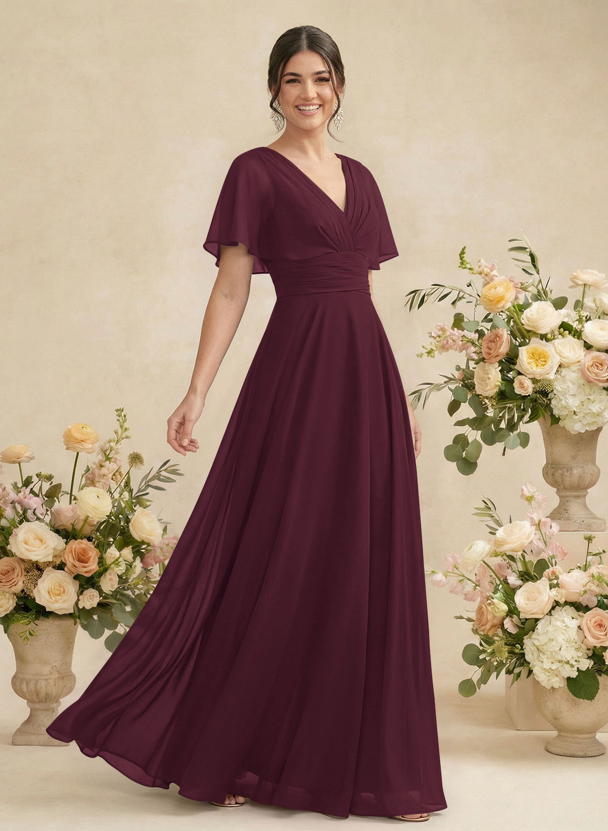 V-Neck Chiffon Bridesmaid Dresses With Short Sleeves, product image 49