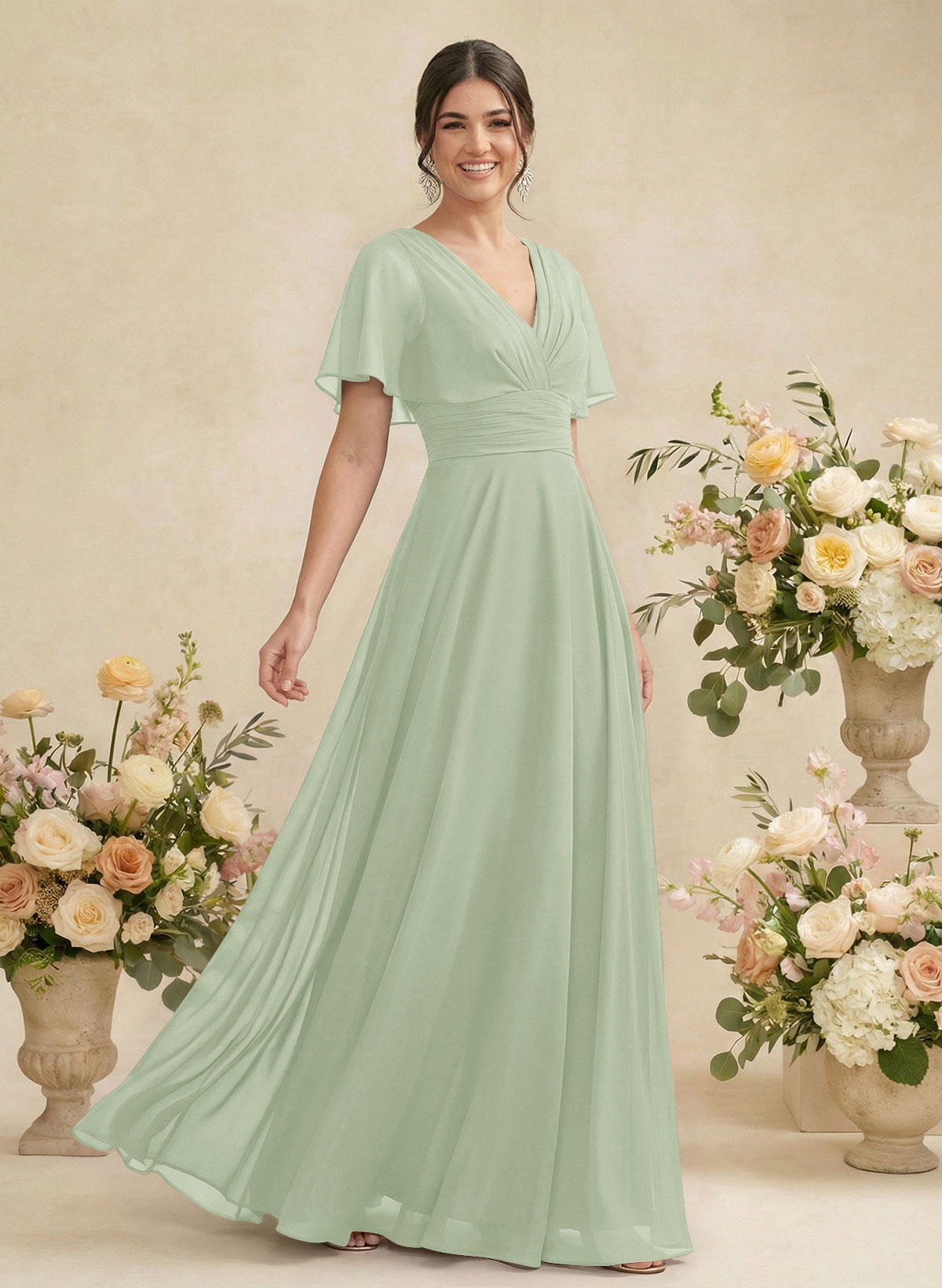 V-Neck Chiffon Bridesmaid Dresses With Short Sleeves, product image 173