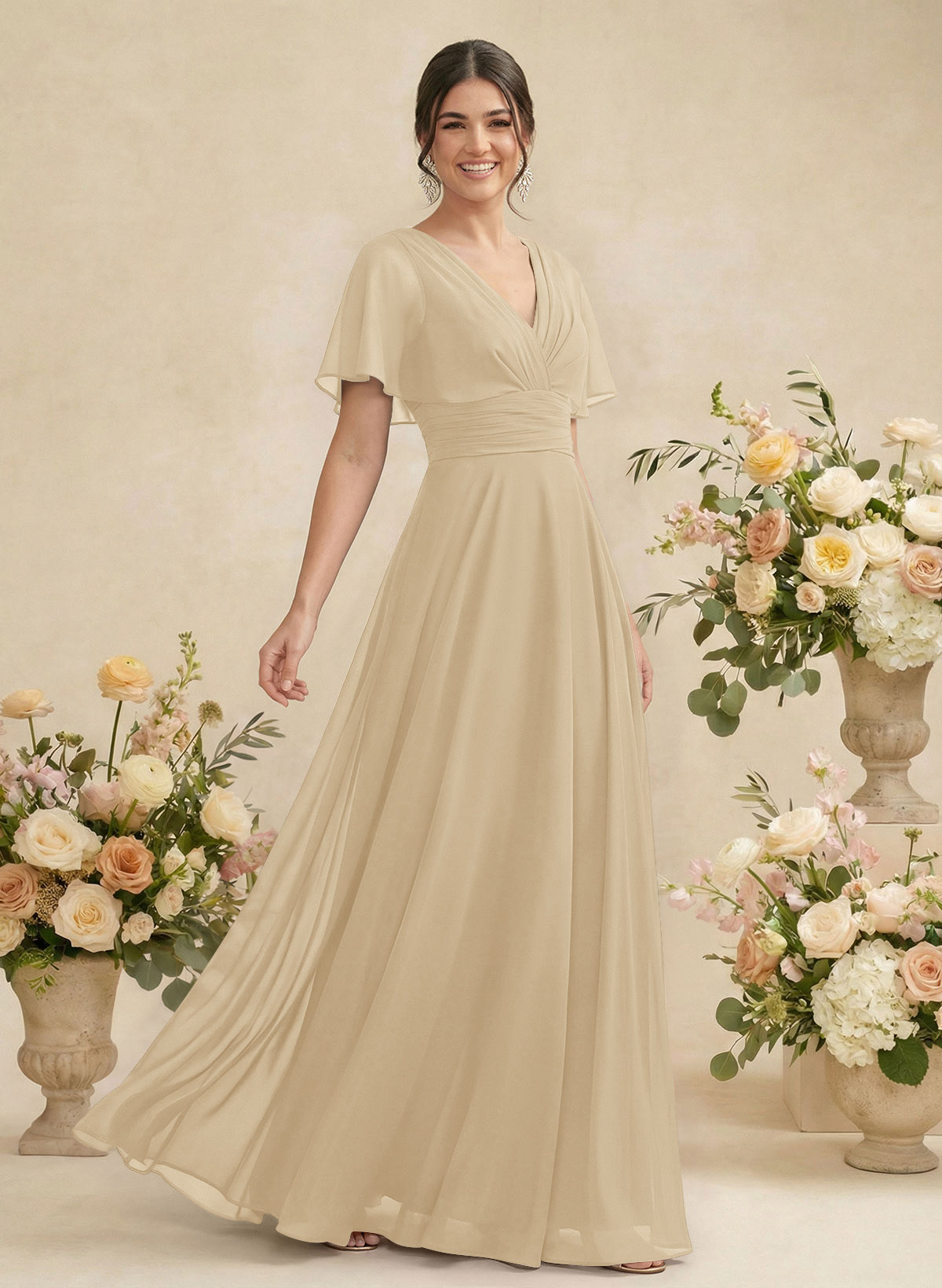 V-Neck Chiffon Bridesmaid Dresses With Short Sleeves, product image 189