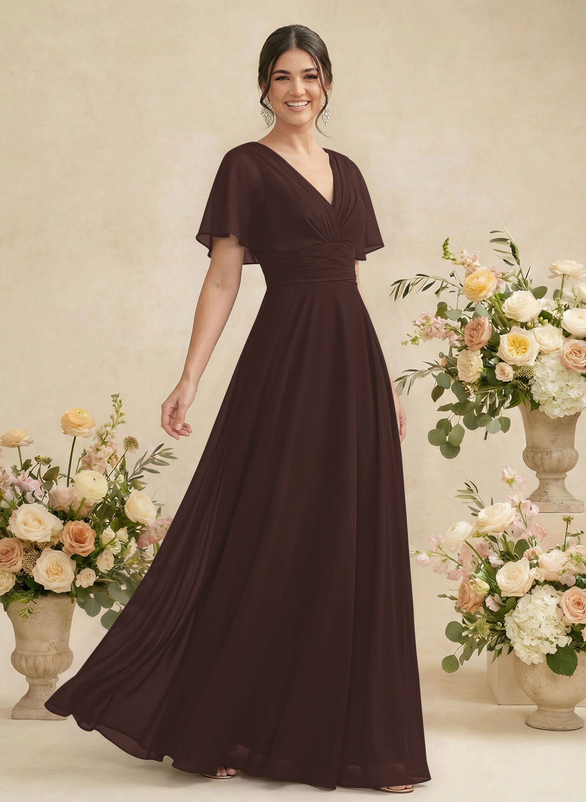 V-Neck Chiffon Bridesmaid Dresses With Short Sleeves, product image 213