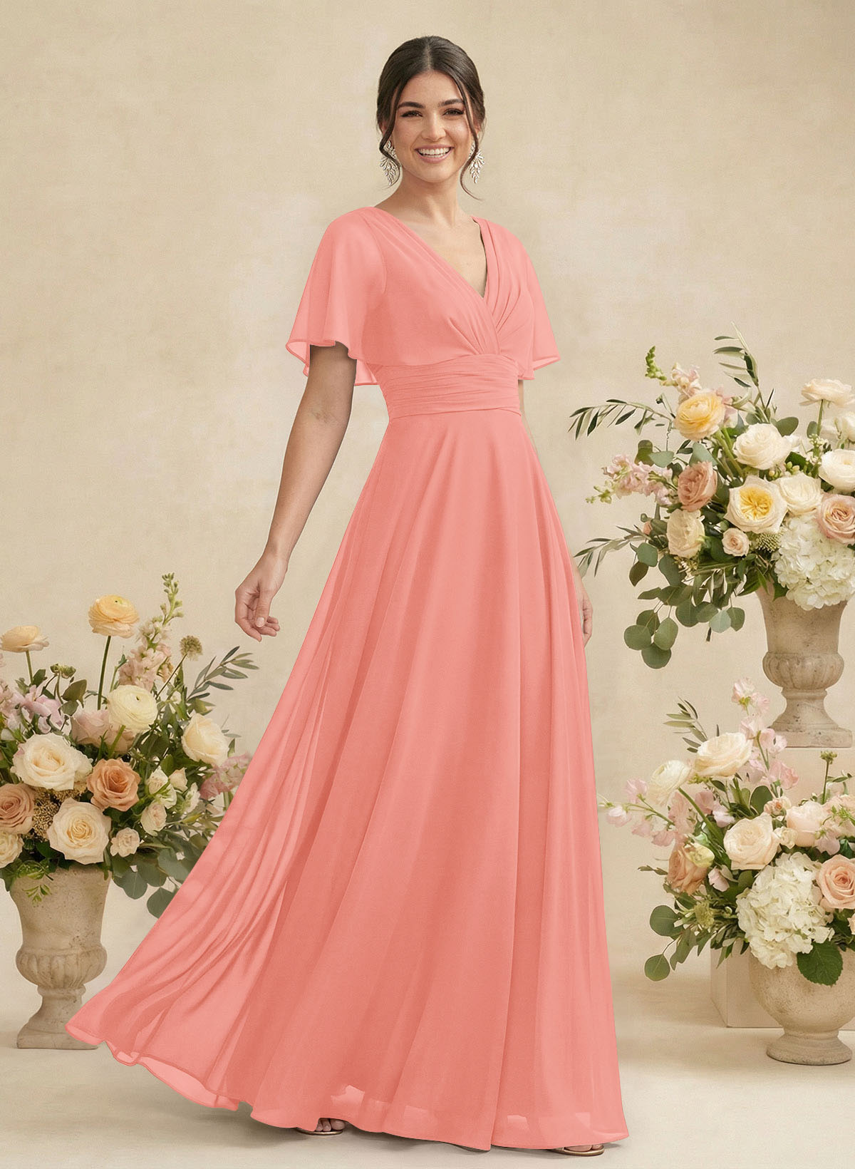 V-Neck Chiffon Bridesmaid Dresses With Short Sleeves, product image 93