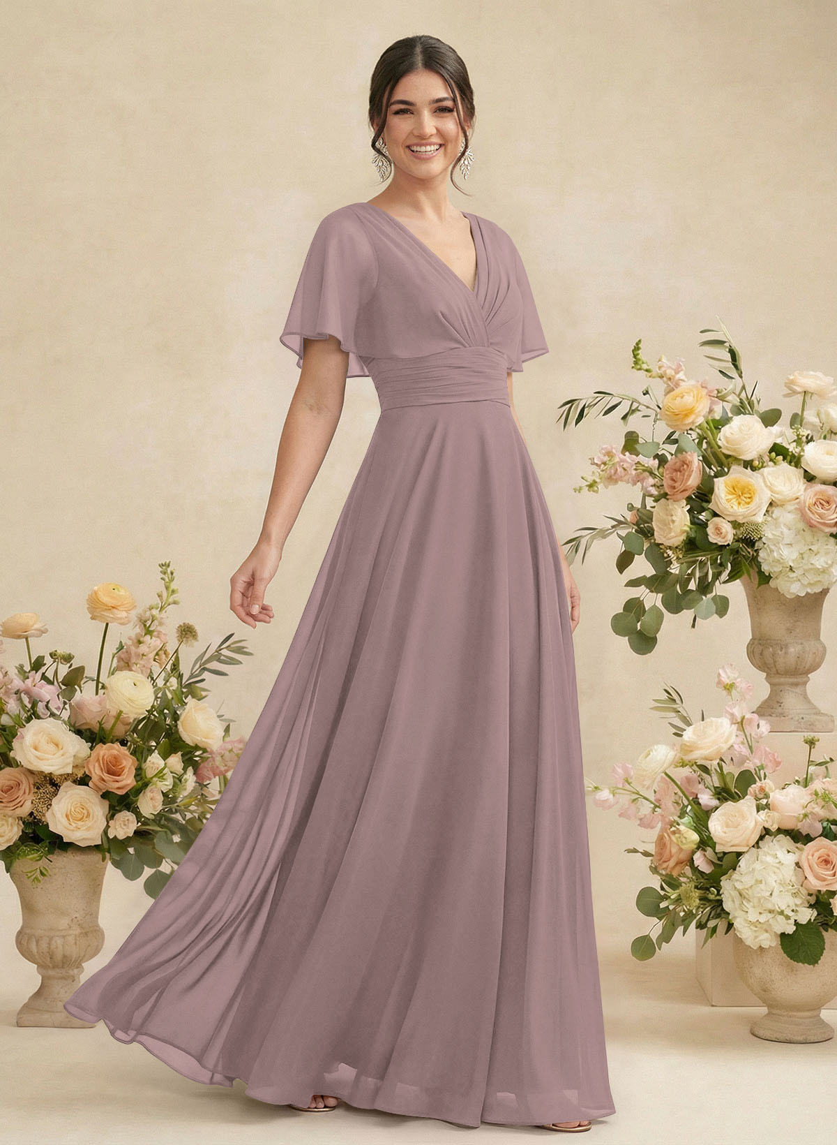 V-Neck Chiffon Bridesmaid Dresses With Short Sleeves, product image 105