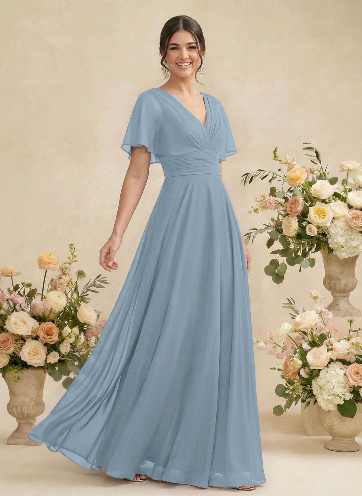 V-Neck Chiffon Bridesmaid Dresses With Short Sleeves, product image 9