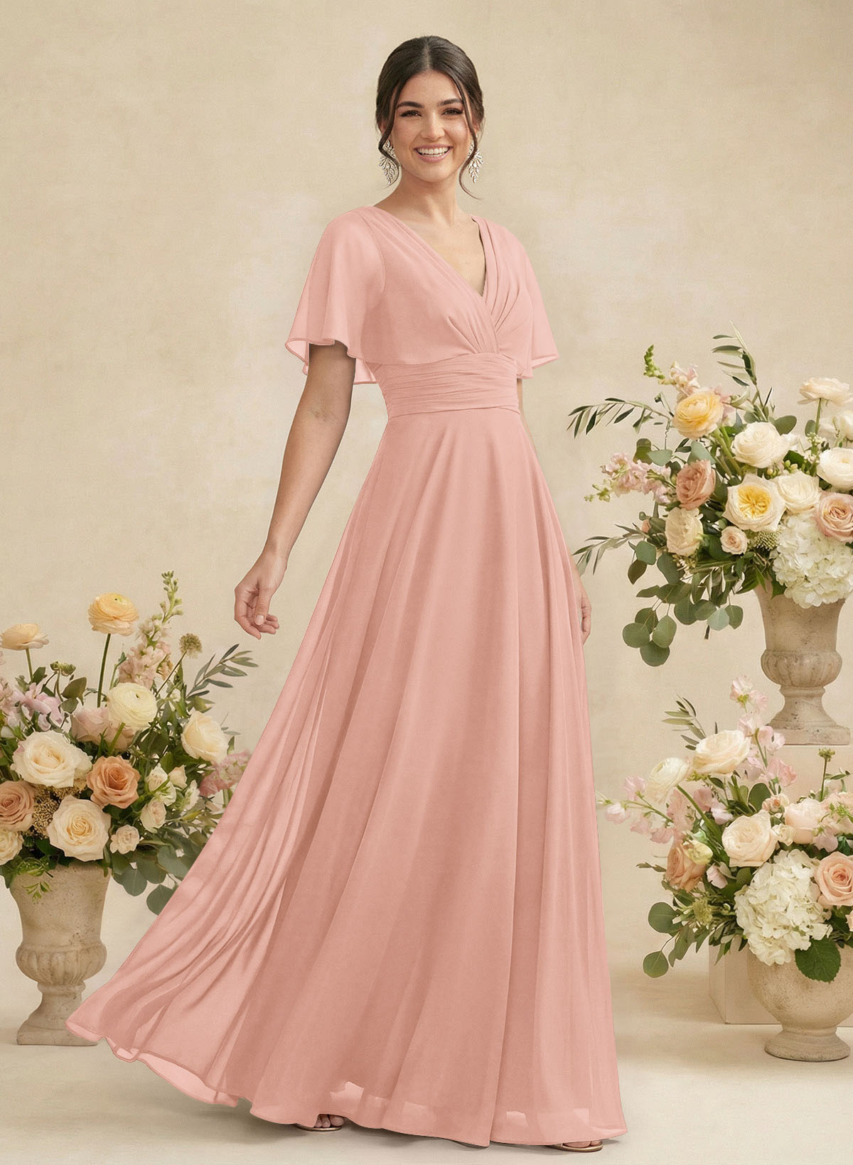 V-Neck Chiffon Bridesmaid Dresses With Short Sleeves, product image 77