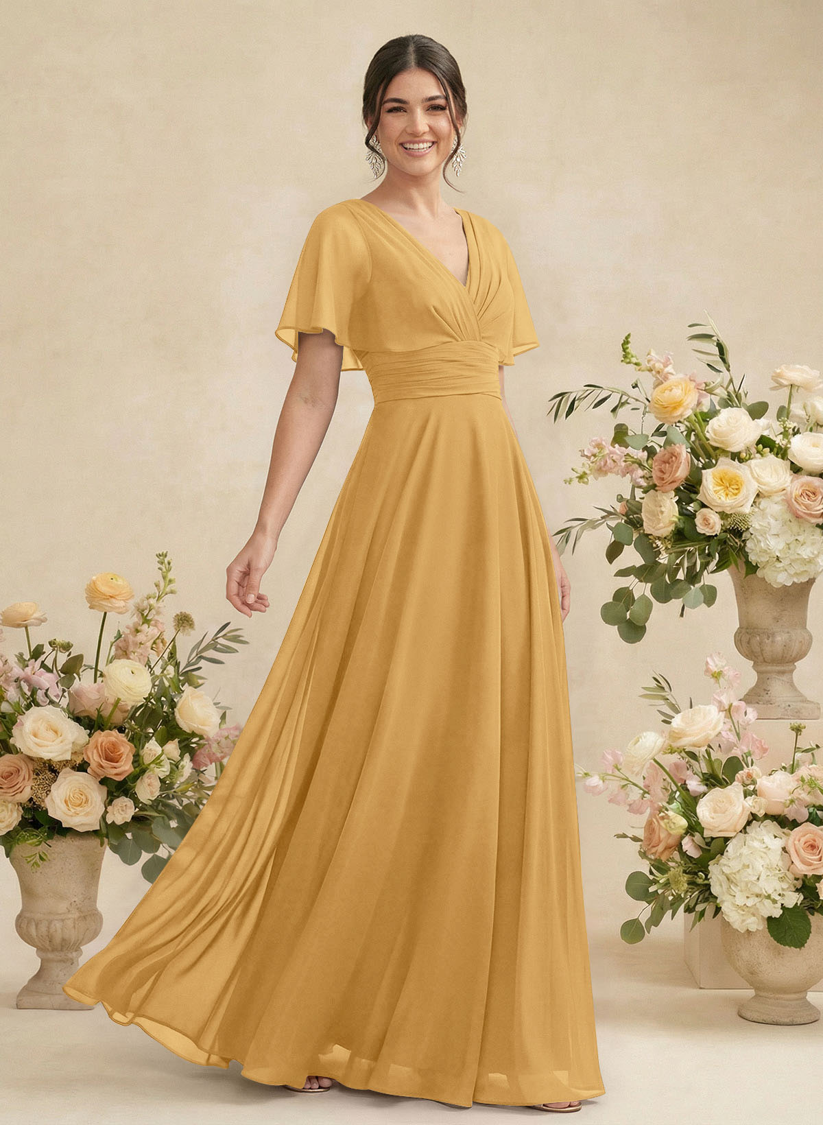 V-Neck Chiffon Bridesmaid Dresses With Short Sleeves, product image 201