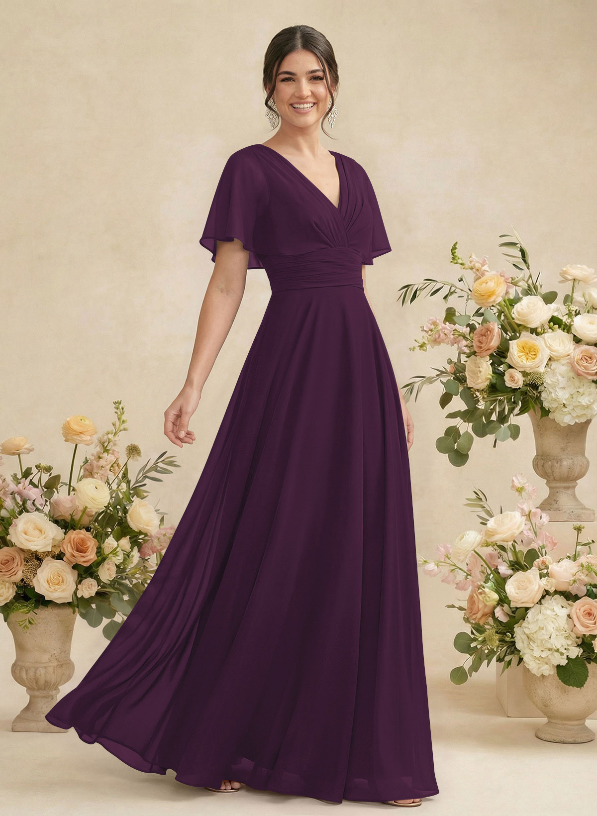 V-Neck Chiffon Bridesmaid Dresses With Short Sleeves, product image 137