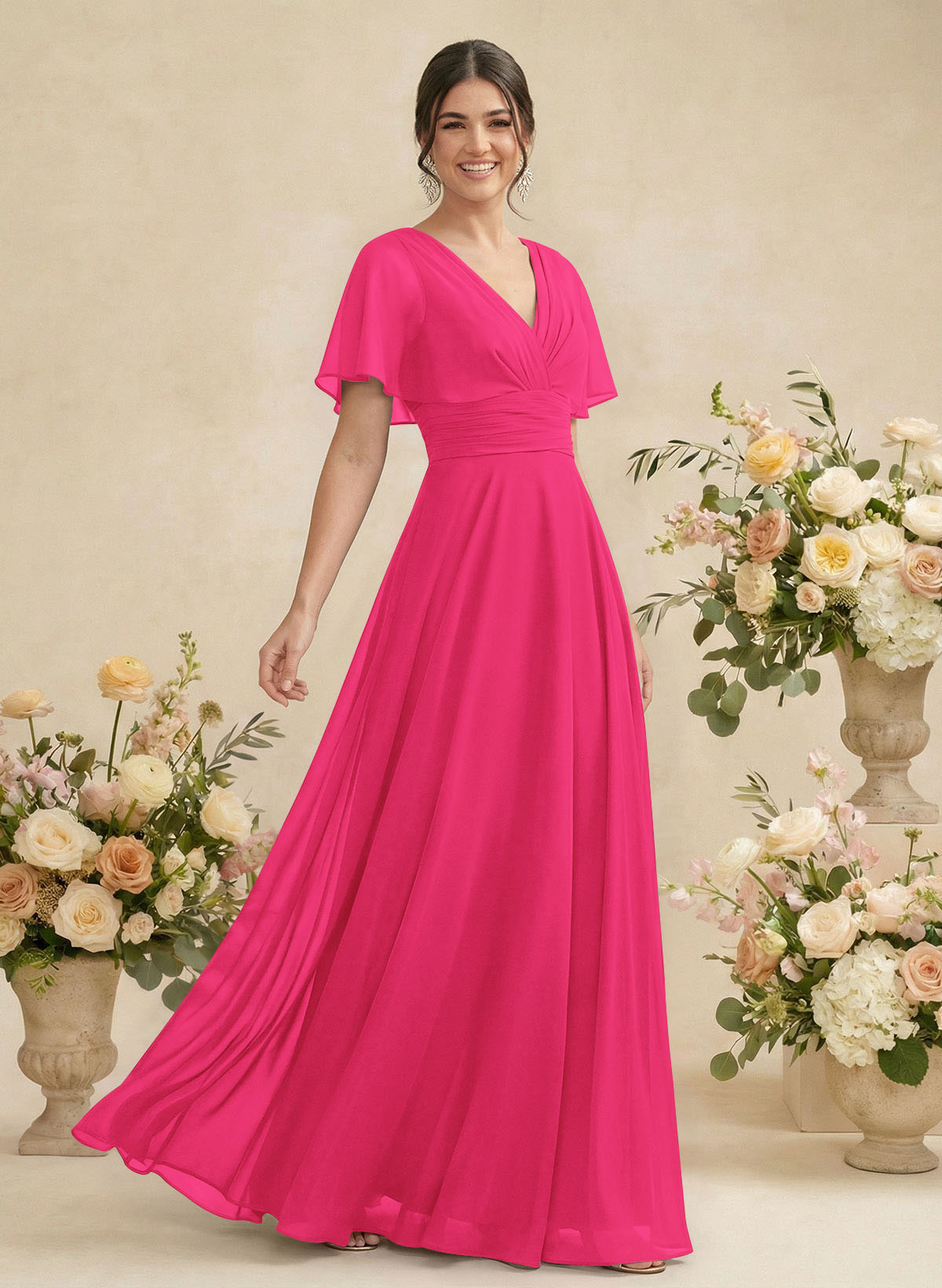 V-Neck Chiffon Bridesmaid Dresses With Short Sleeves, product image 145