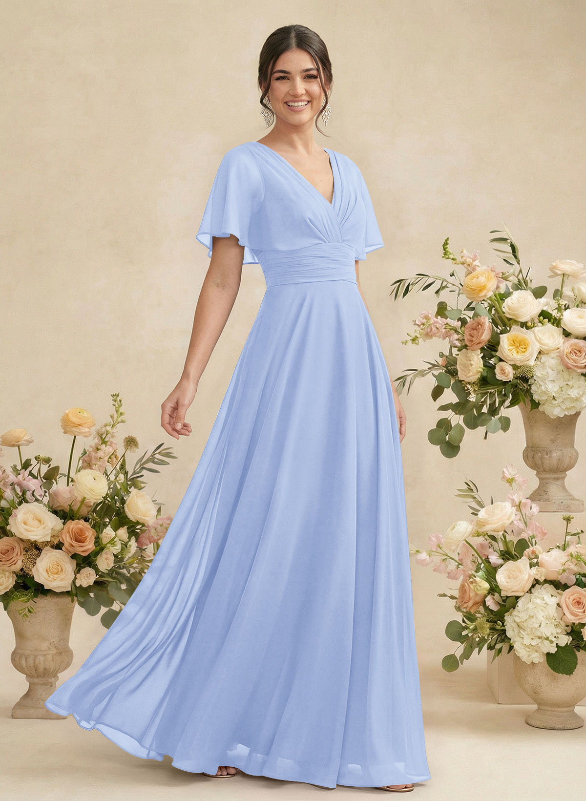 V-Neck Chiffon Bridesmaid Dresses With Short Sleeves, product image 125