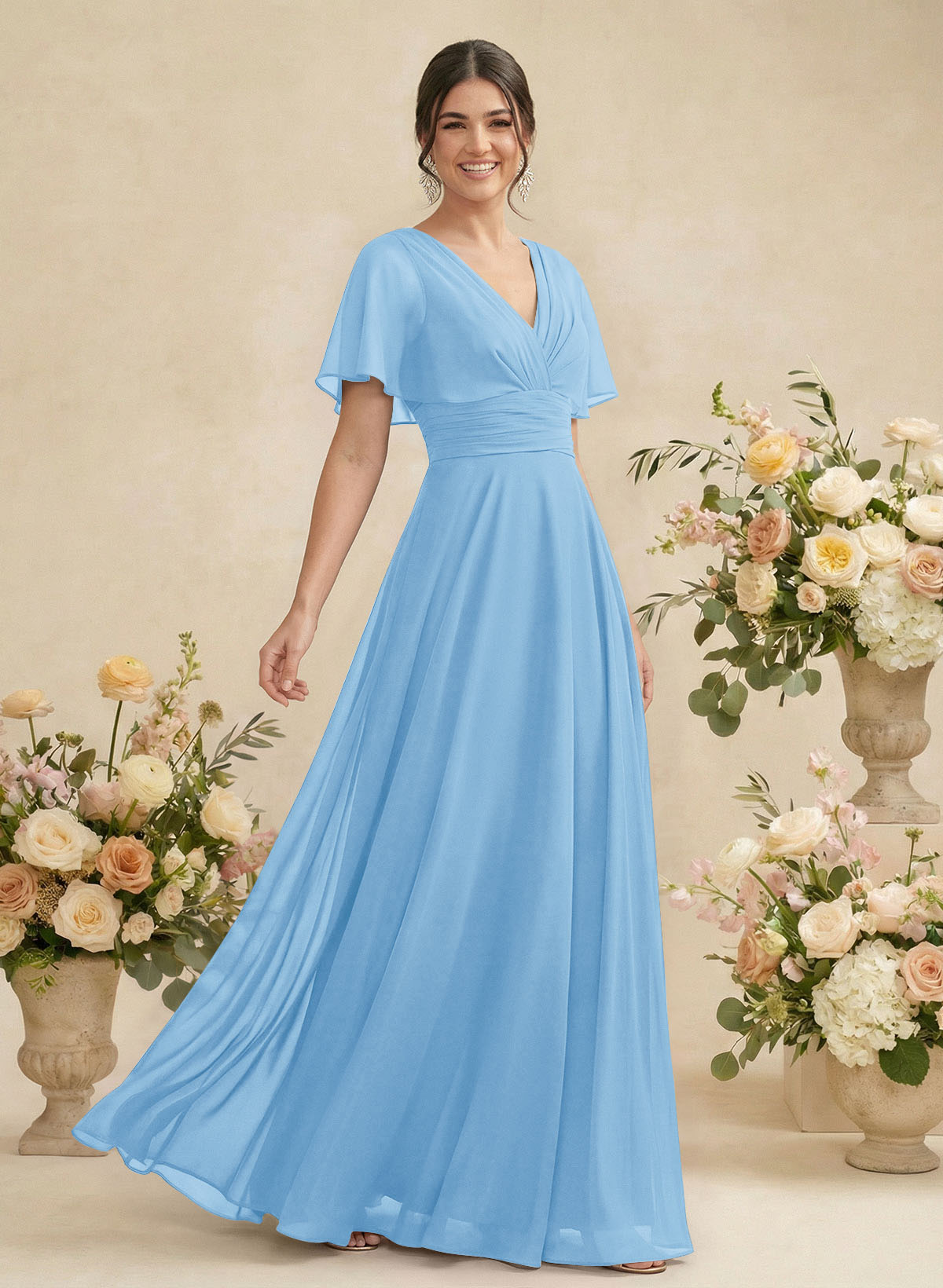 V-Neck Chiffon Bridesmaid Dresses With Short Sleeves, product image 37