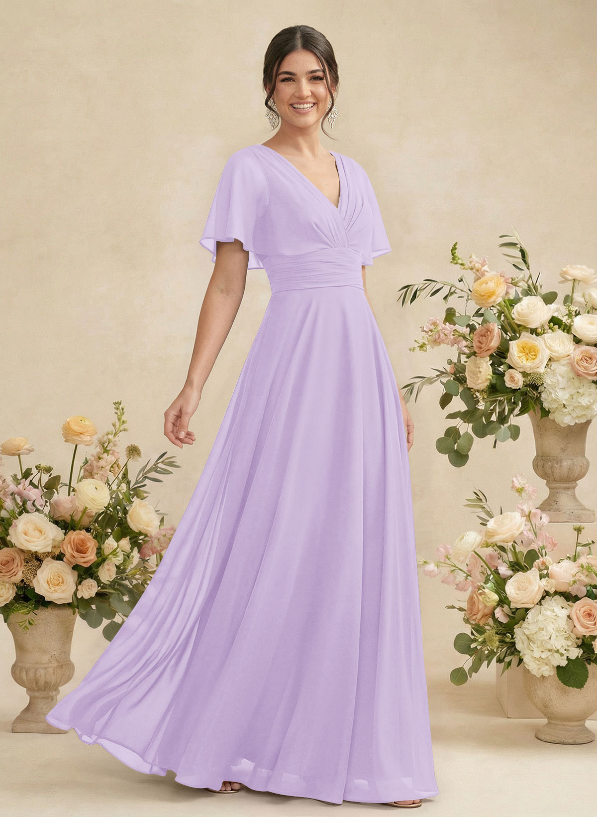 V-Neck Chiffon Bridesmaid Dresses With Short Sleeves, product image 121