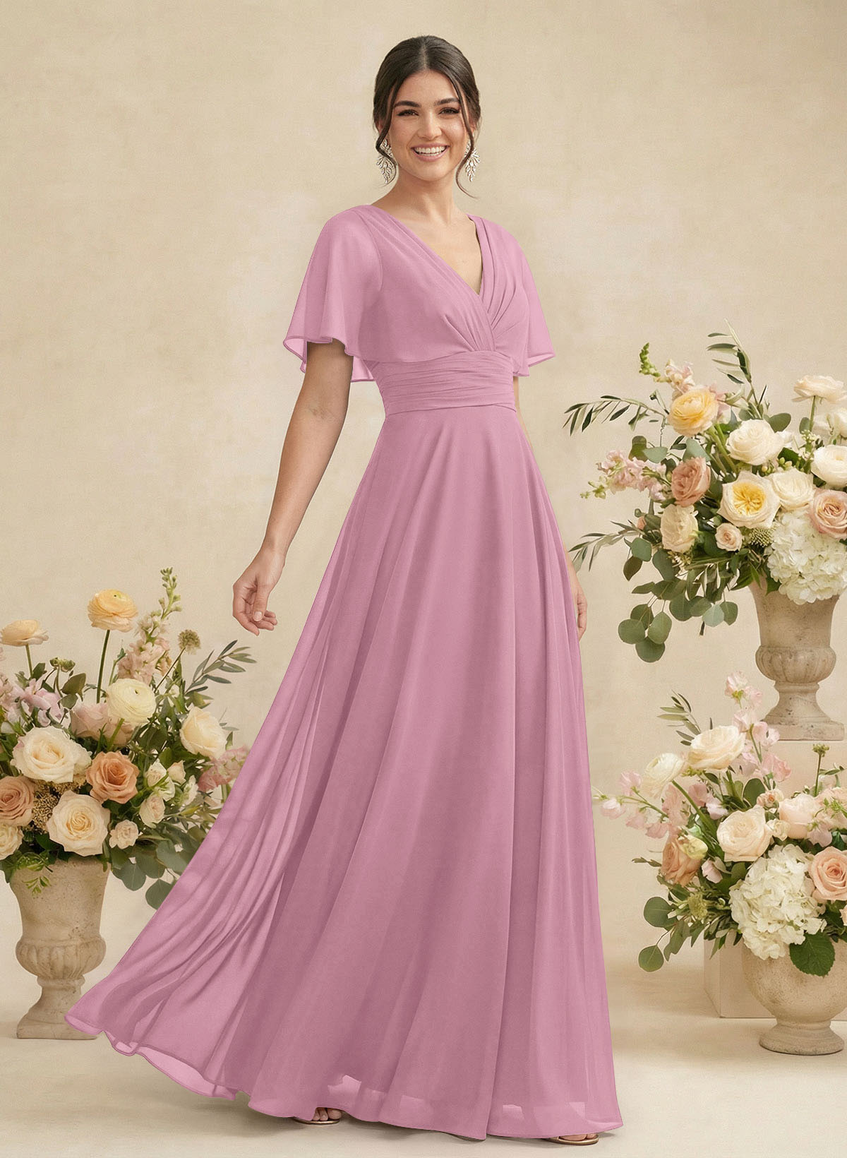 V-Neck Chiffon Bridesmaid Dresses With Short Sleeves, product image 117