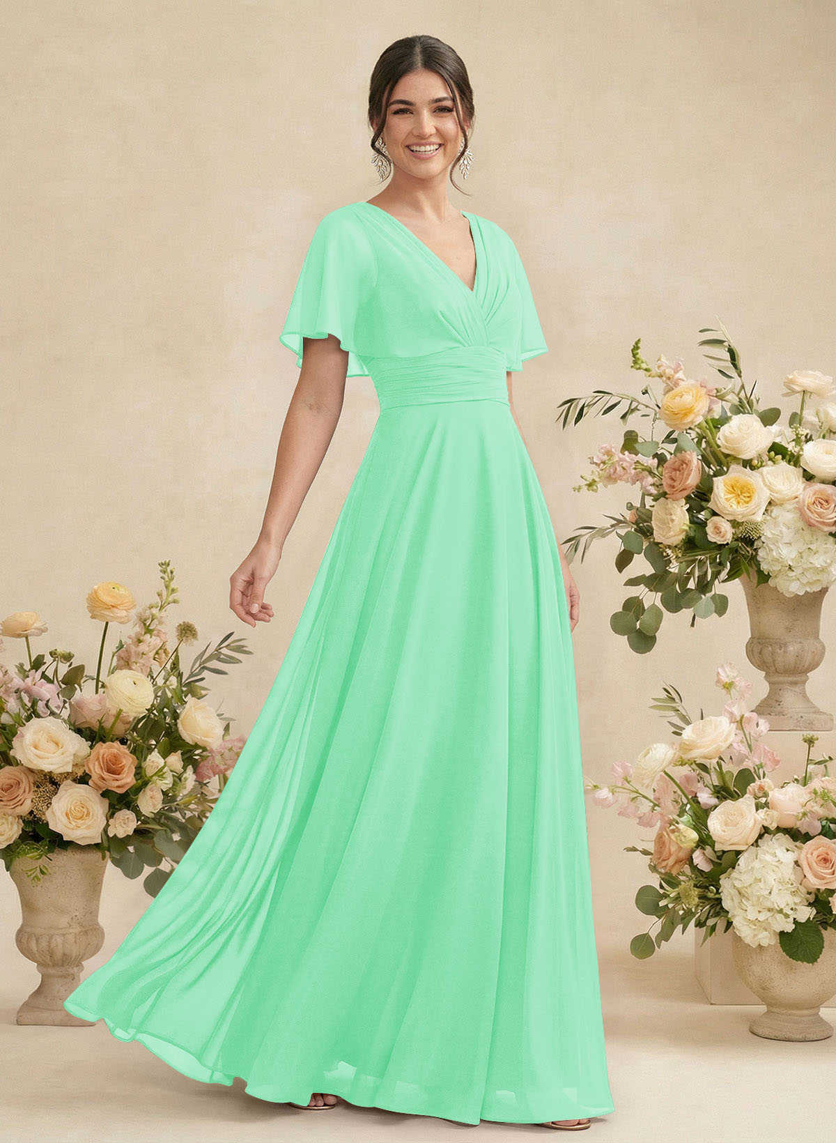 V-Neck Chiffon Bridesmaid Dresses With Short Sleeves, product image 181