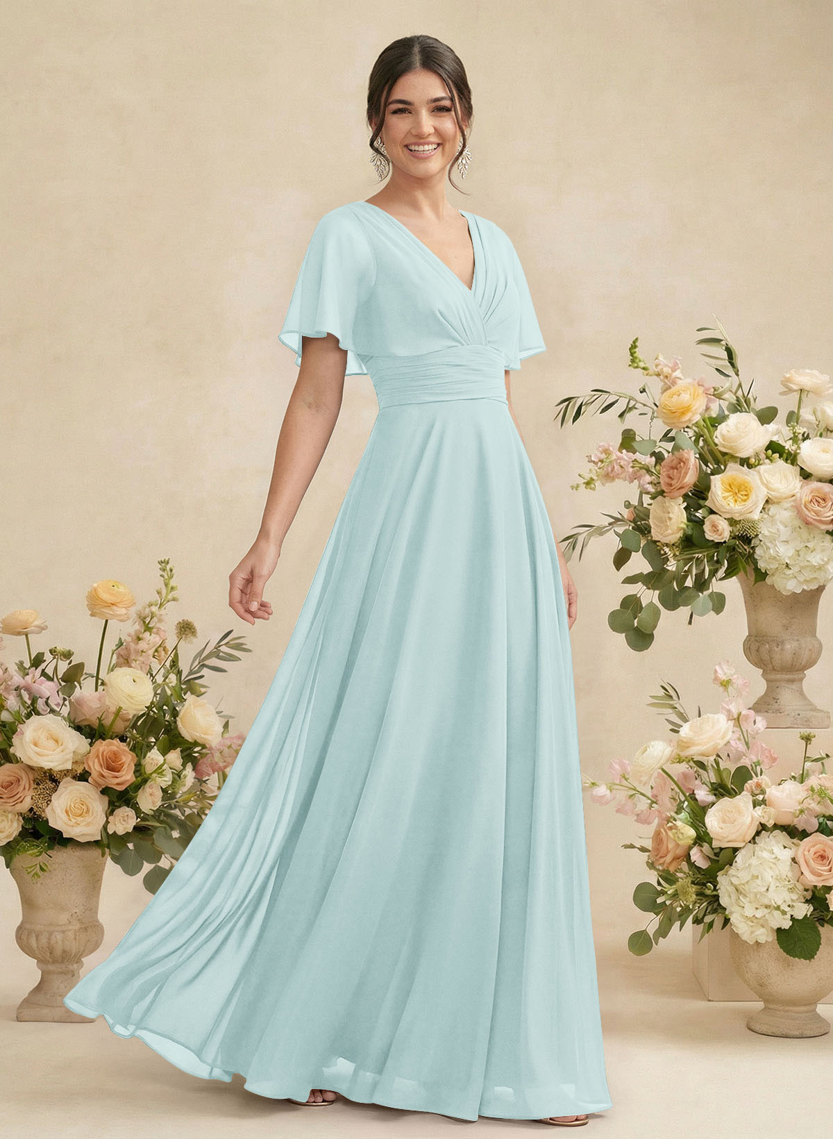 V-Neck Chiffon Bridesmaid Dresses With Short Sleeves, product image 45