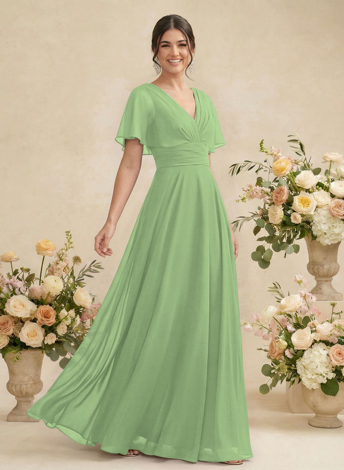 V-Neck Chiffon Bridesmaid Dresses With Short Sleeves, product image 261