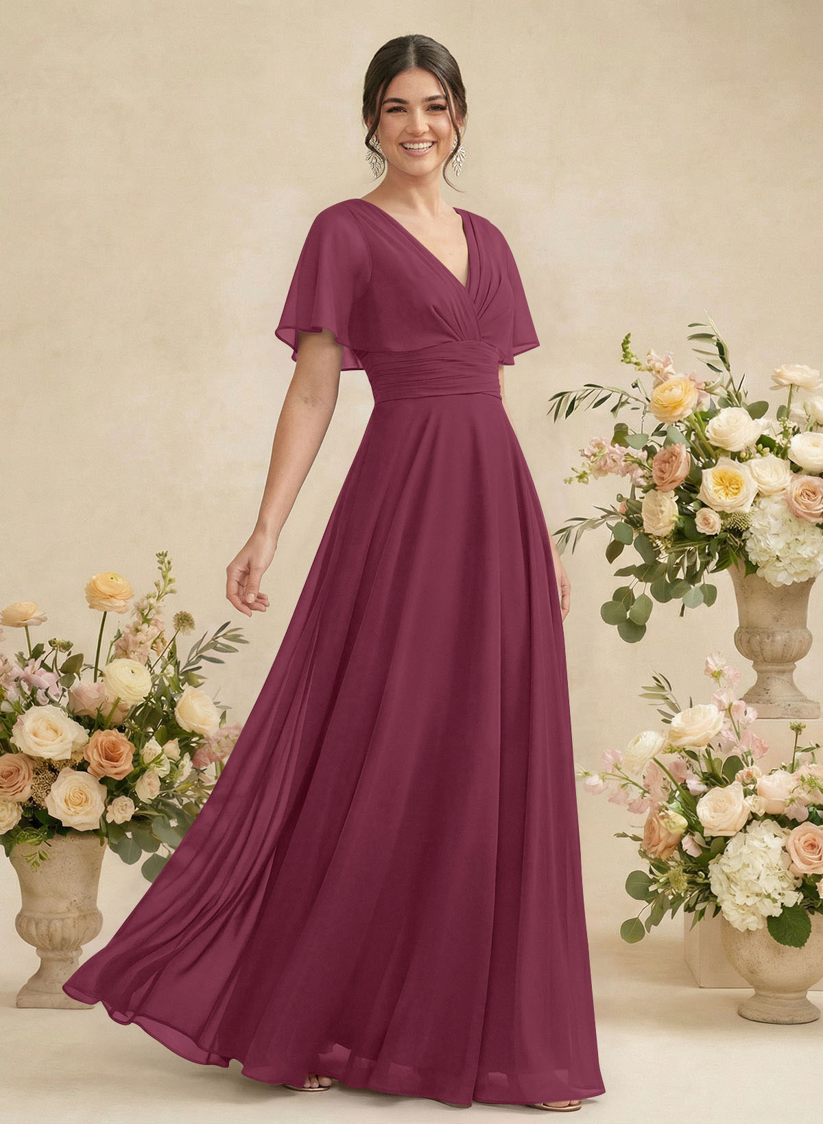 V-Neck Chiffon Bridesmaid Dresses With Short Sleeves, product image 61