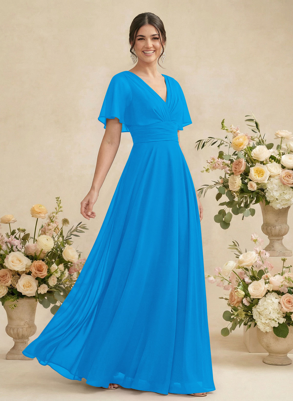 V-Neck Chiffon Bridesmaid Dresses With Short Sleeves, product image 29