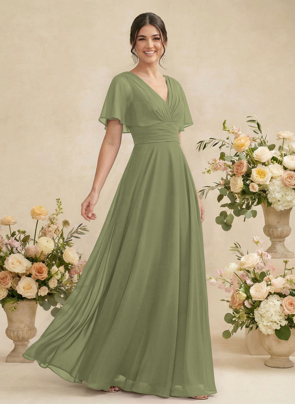 V-Neck Chiffon Bridesmaid Dresses With Short Sleeves, product image 237