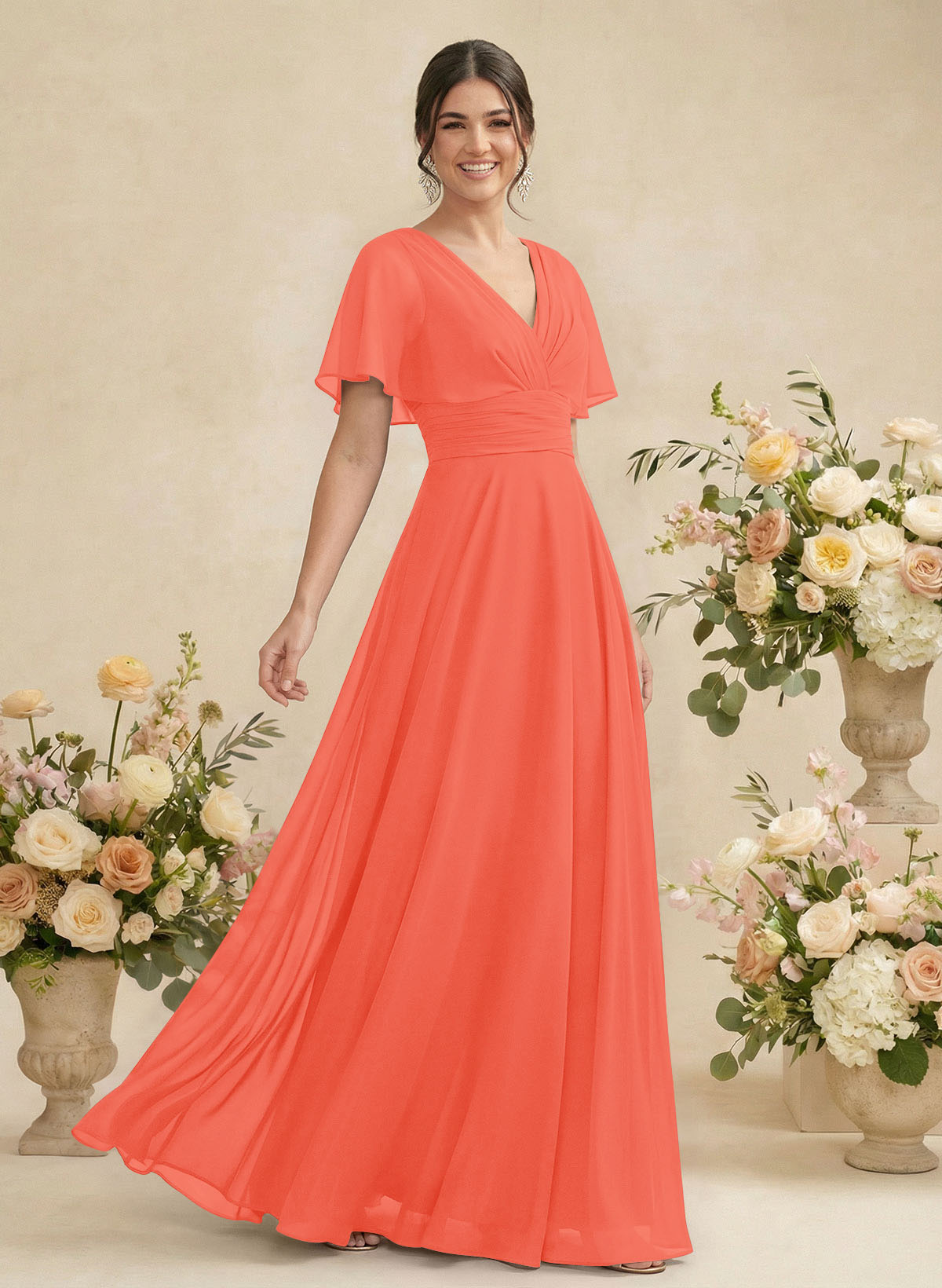 V-Neck Chiffon Bridesmaid Dresses With Short Sleeves, product image 209