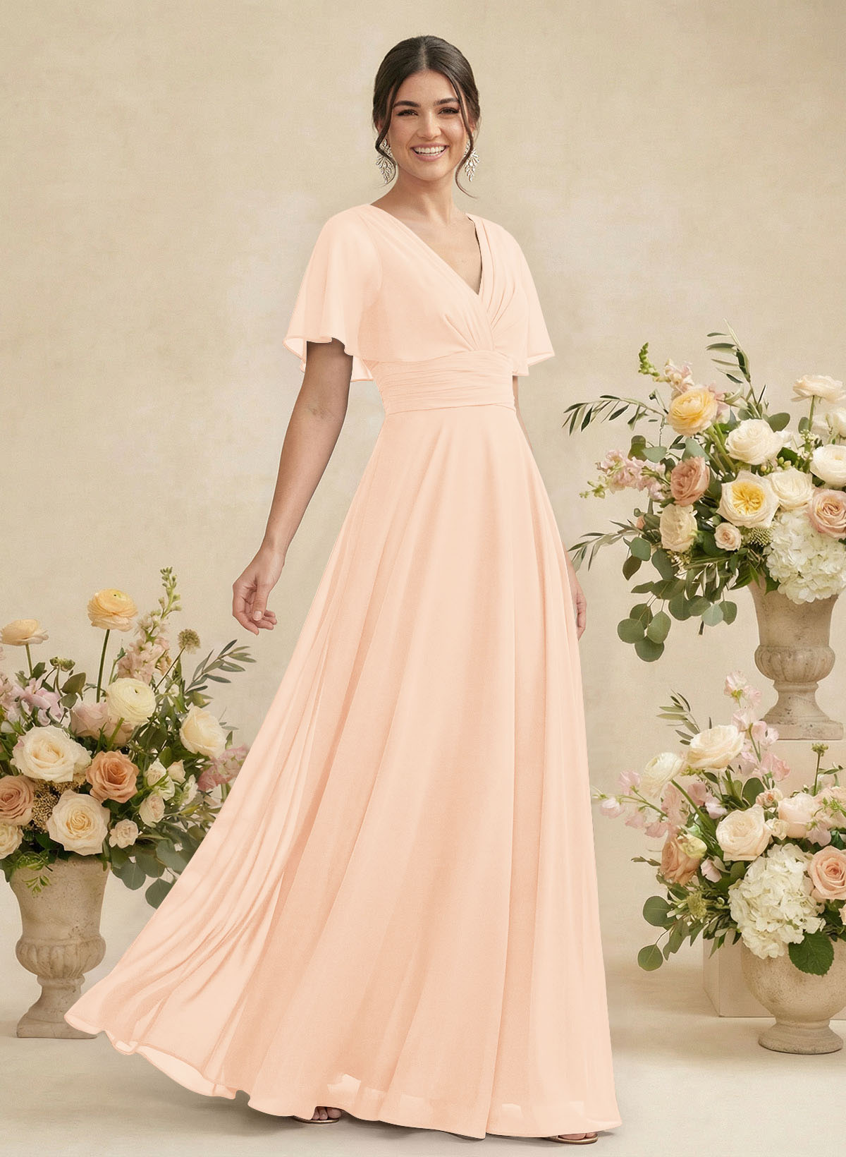 V-Neck Chiffon Bridesmaid Dresses With Short Sleeves, product image 81