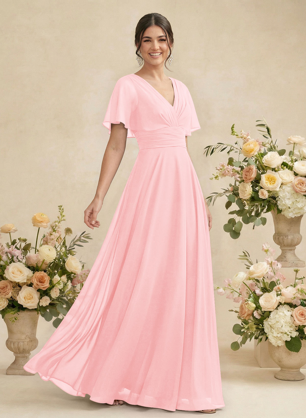 V-Neck Chiffon Bridesmaid Dresses With Short Sleeves, product image 89