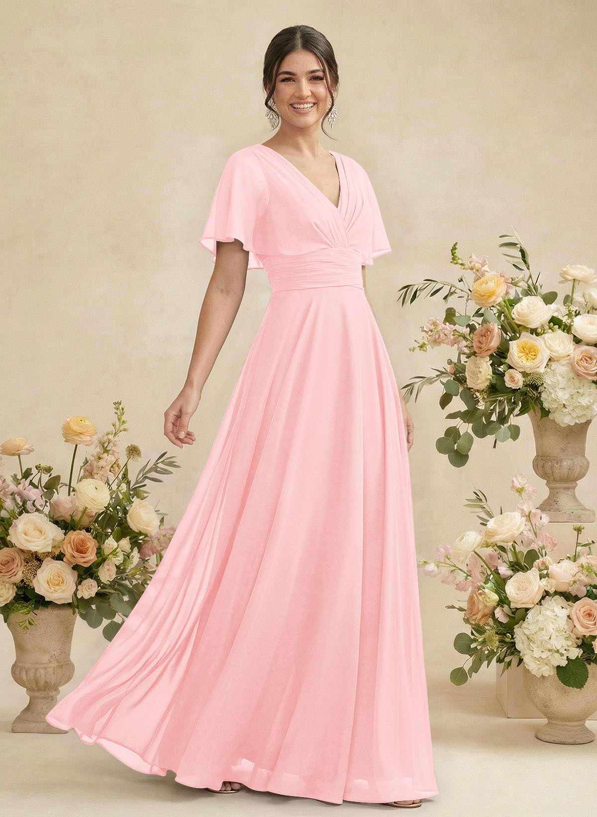 V-Neck Chiffon Bridesmaid Dresses With Short Sleeves, product image 89