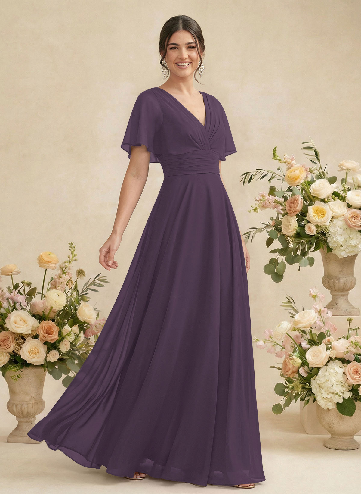 V-Neck Chiffon Bridesmaid Dresses With Short Sleeves, product image 133