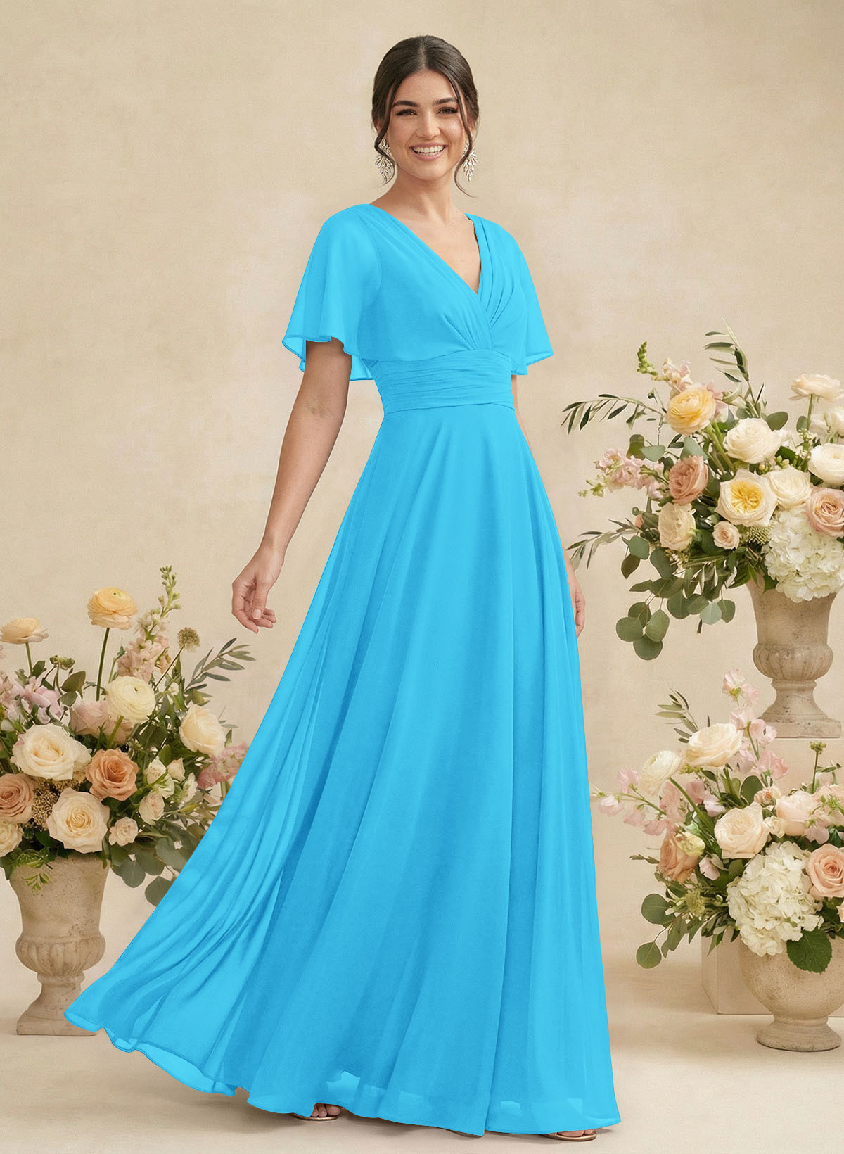 V-Neck Chiffon Bridesmaid Dresses With Short Sleeves, product image 33