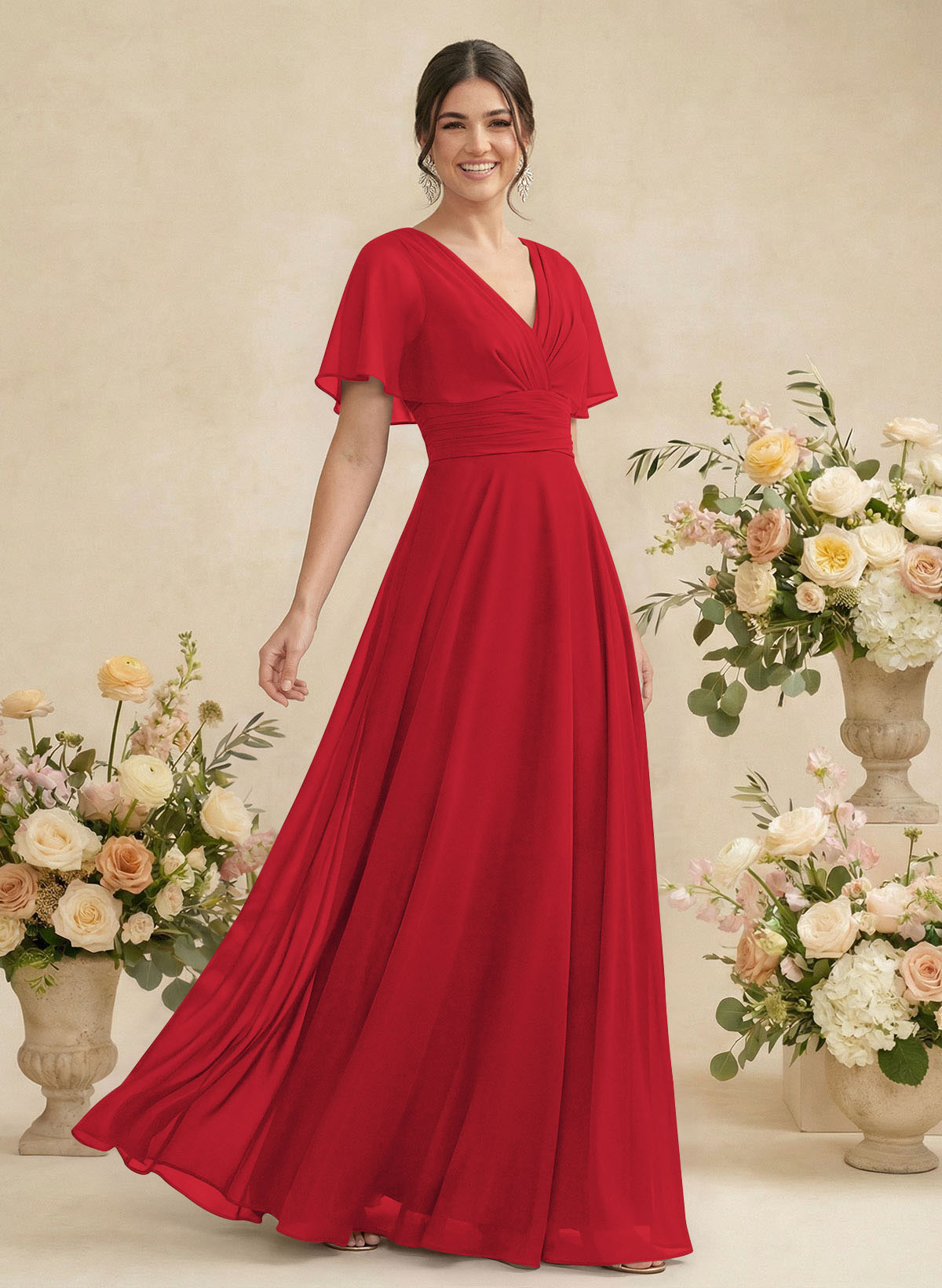V-Neck Chiffon Bridesmaid Dresses With Short Sleeves, product image 65