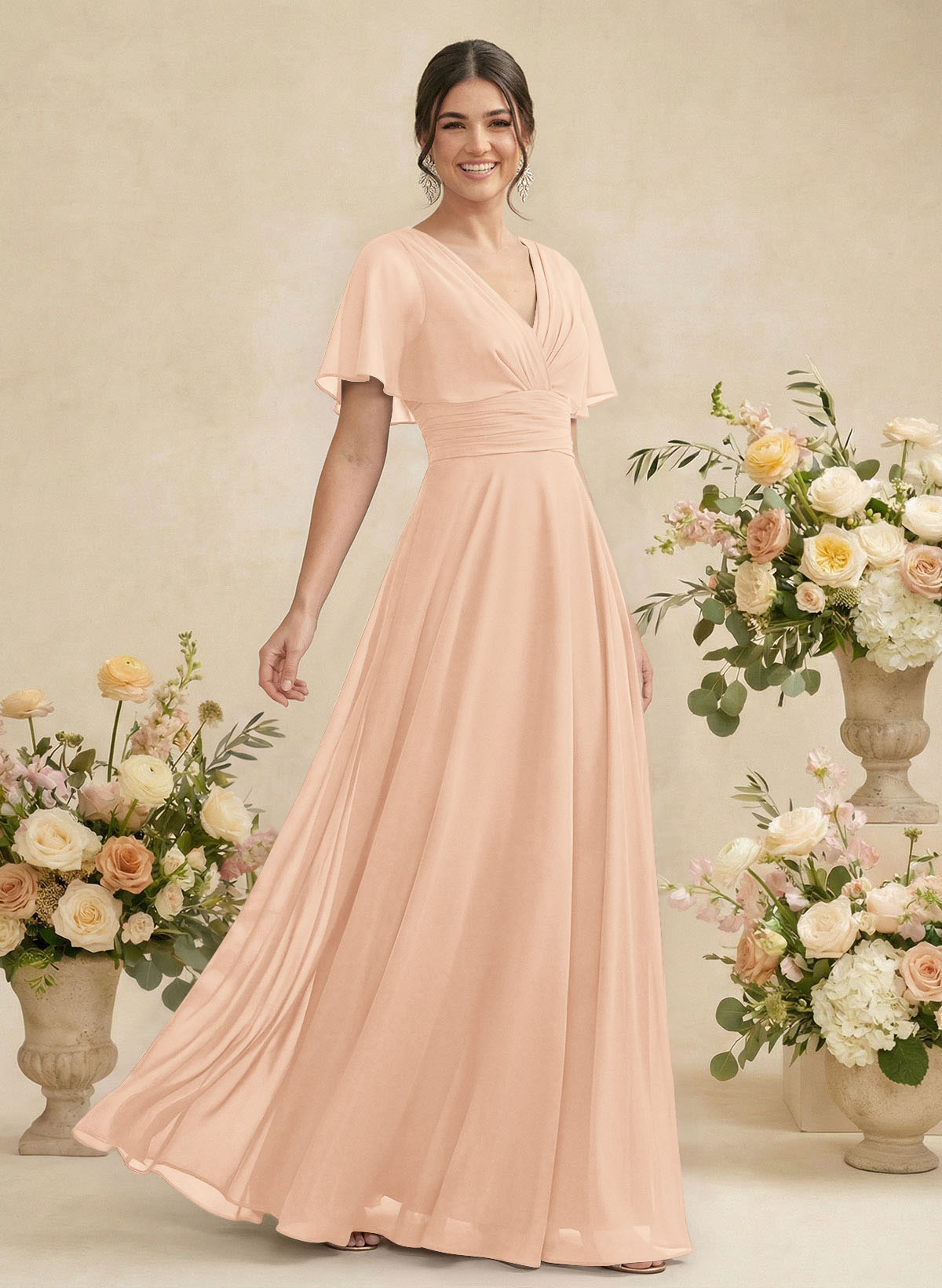 V-Neck Chiffon Bridesmaid Dresses With Short Sleeves, product image 249