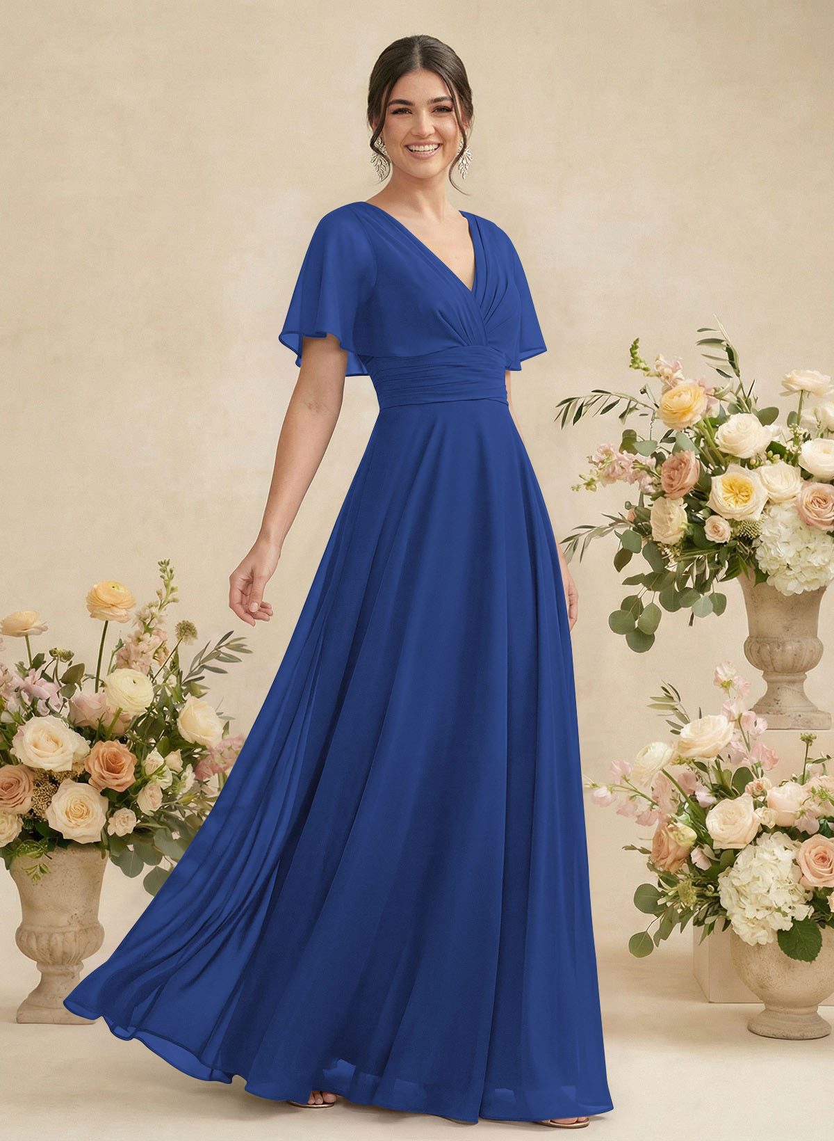 V-Neck Chiffon Bridesmaid Dresses With Short Sleeves, product image 25
