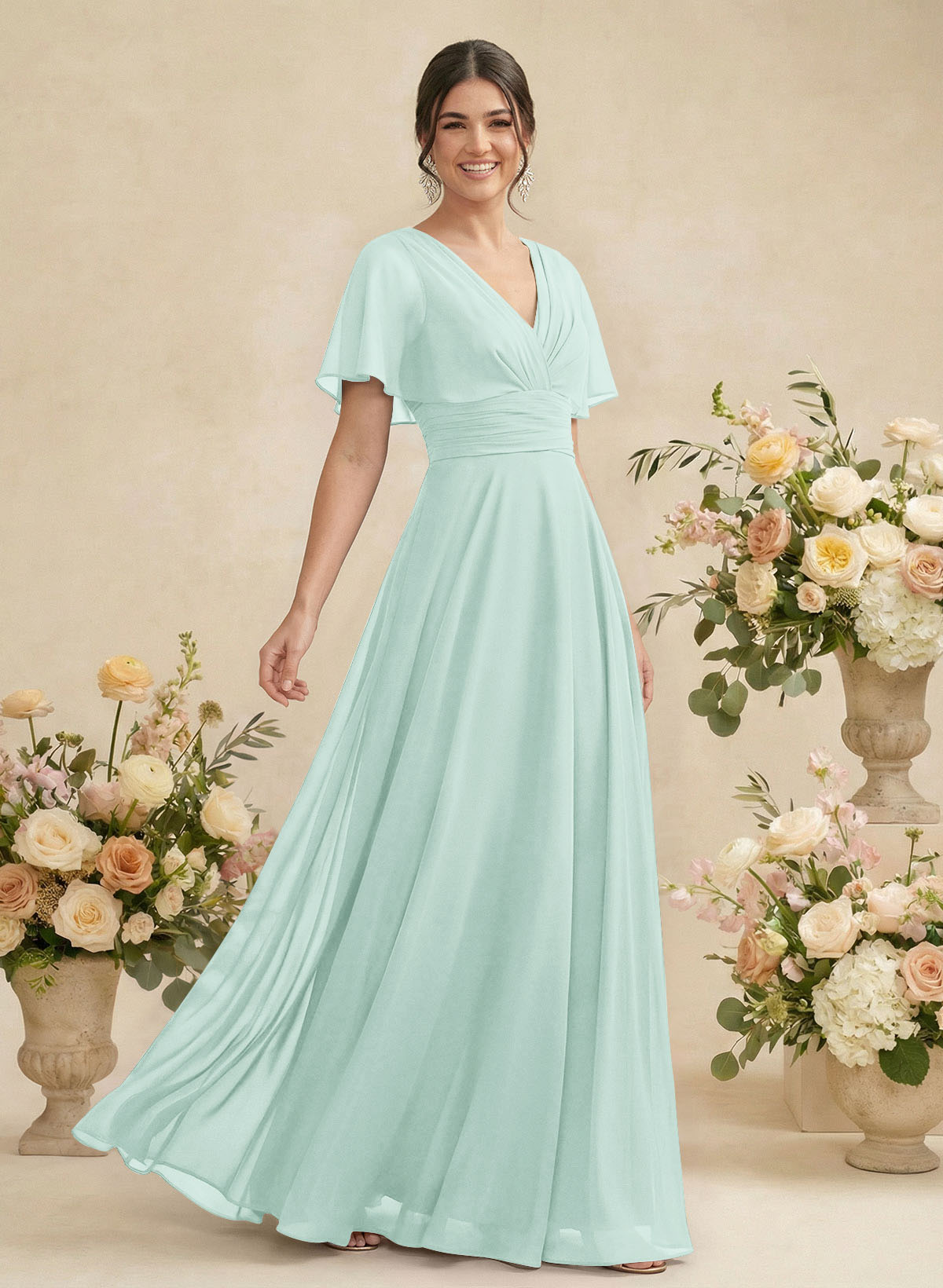 V-Neck Chiffon Bridesmaid Dresses With Short Sleeves, product image 177
