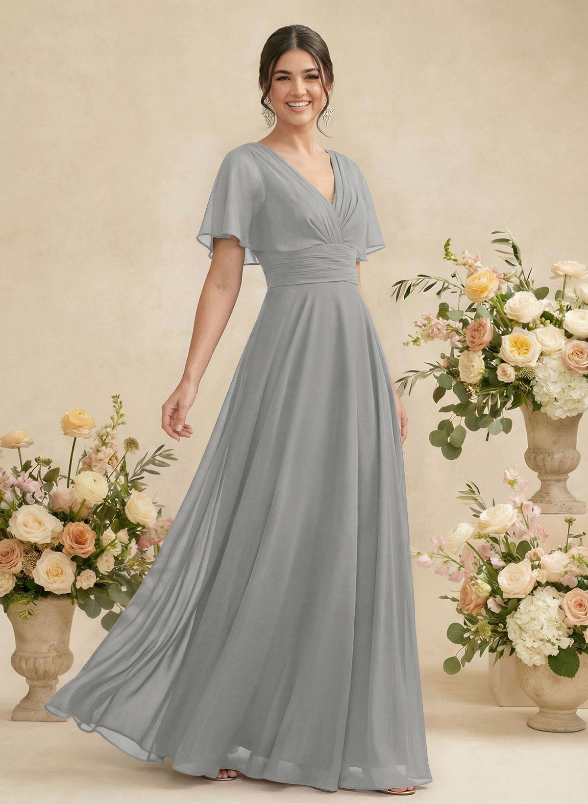 V-Neck Chiffon Bridesmaid Dresses With Short Sleeves, product image 225