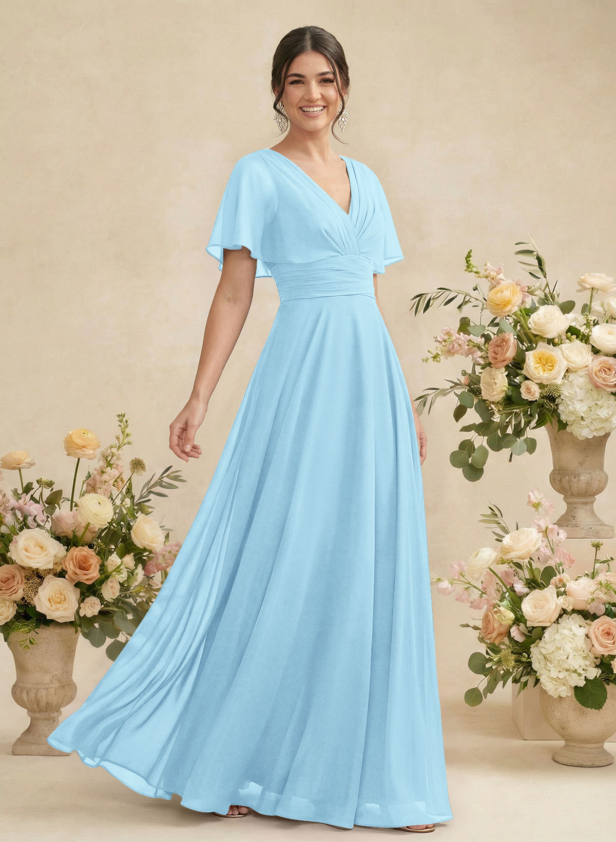 V-Neck Chiffon Bridesmaid Dresses With Short Sleeves, product image 41