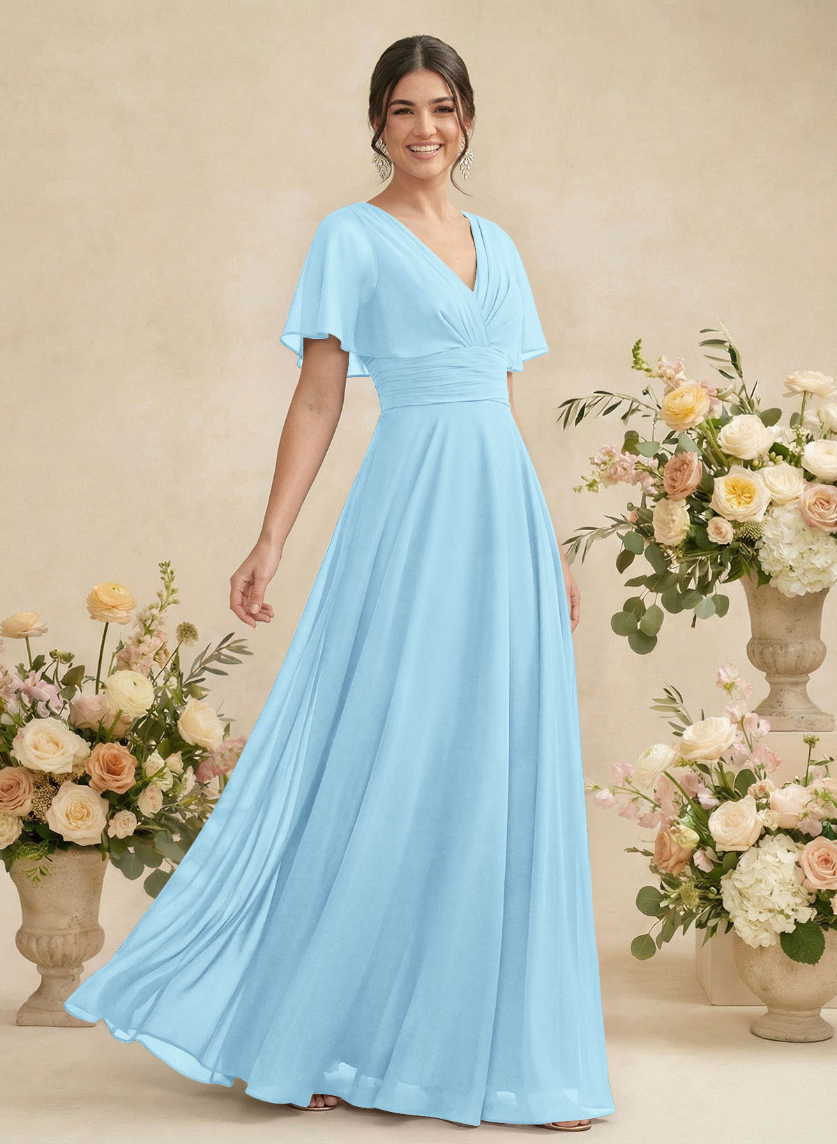 V-Neck Chiffon Bridesmaid Dresses With Short Sleeves, product image 41