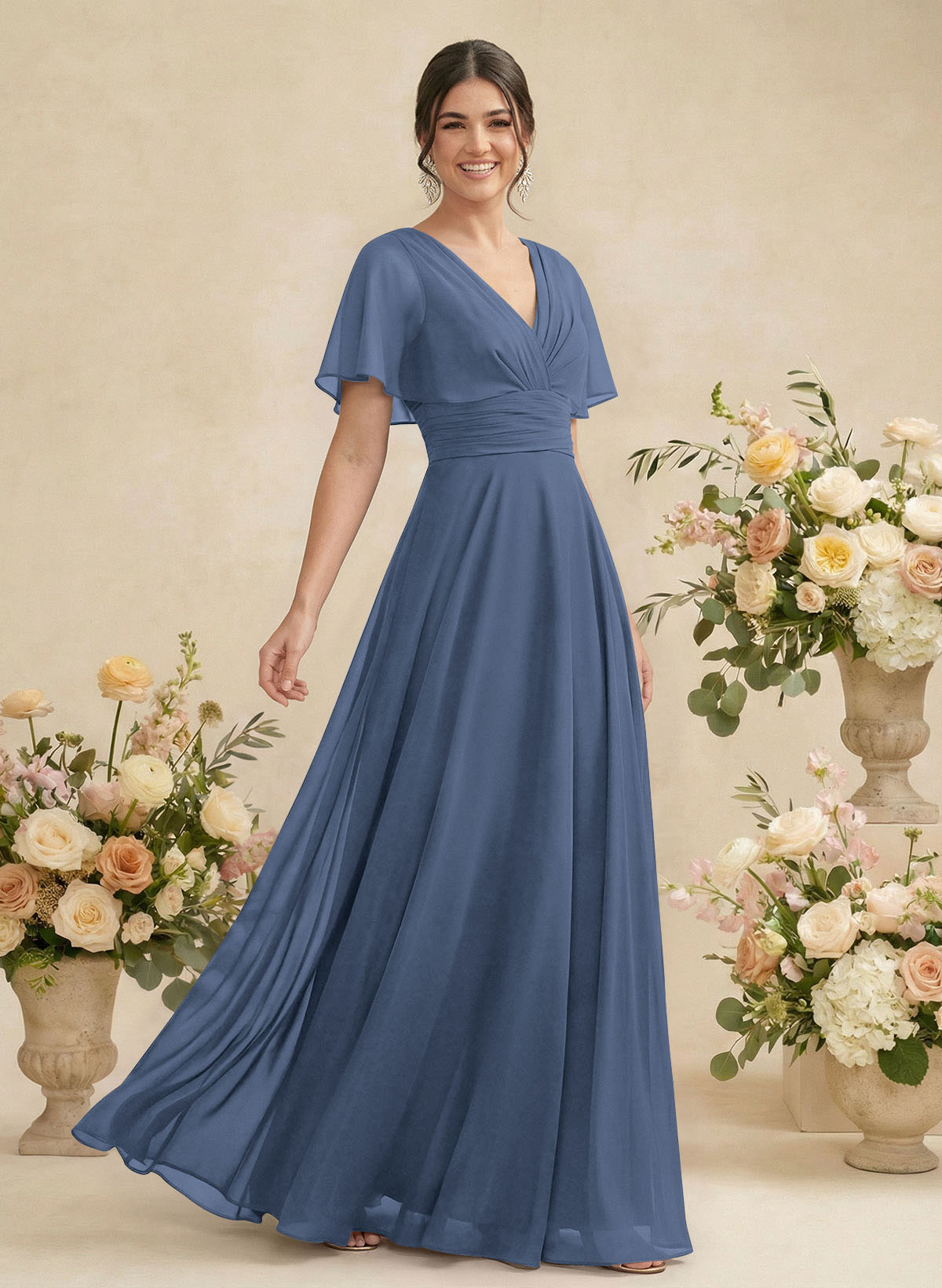 V-Neck Chiffon Bridesmaid Dresses With Short Sleeves, product image 13