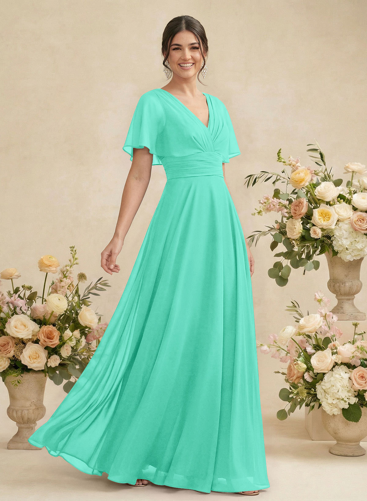 V-Neck Chiffon Bridesmaid Dresses With Short Sleeves, product image 185