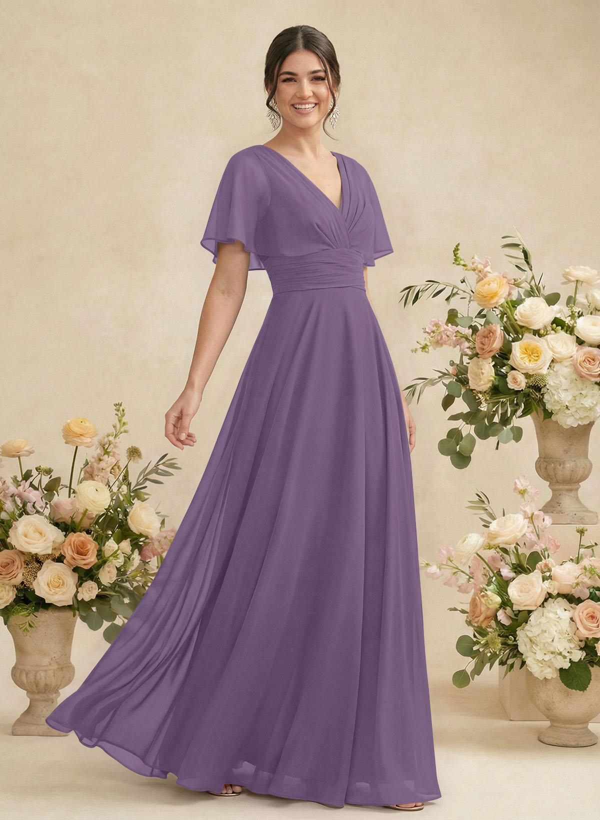 V-Neck Chiffon Bridesmaid Dresses With Short Sleeves, product image 129