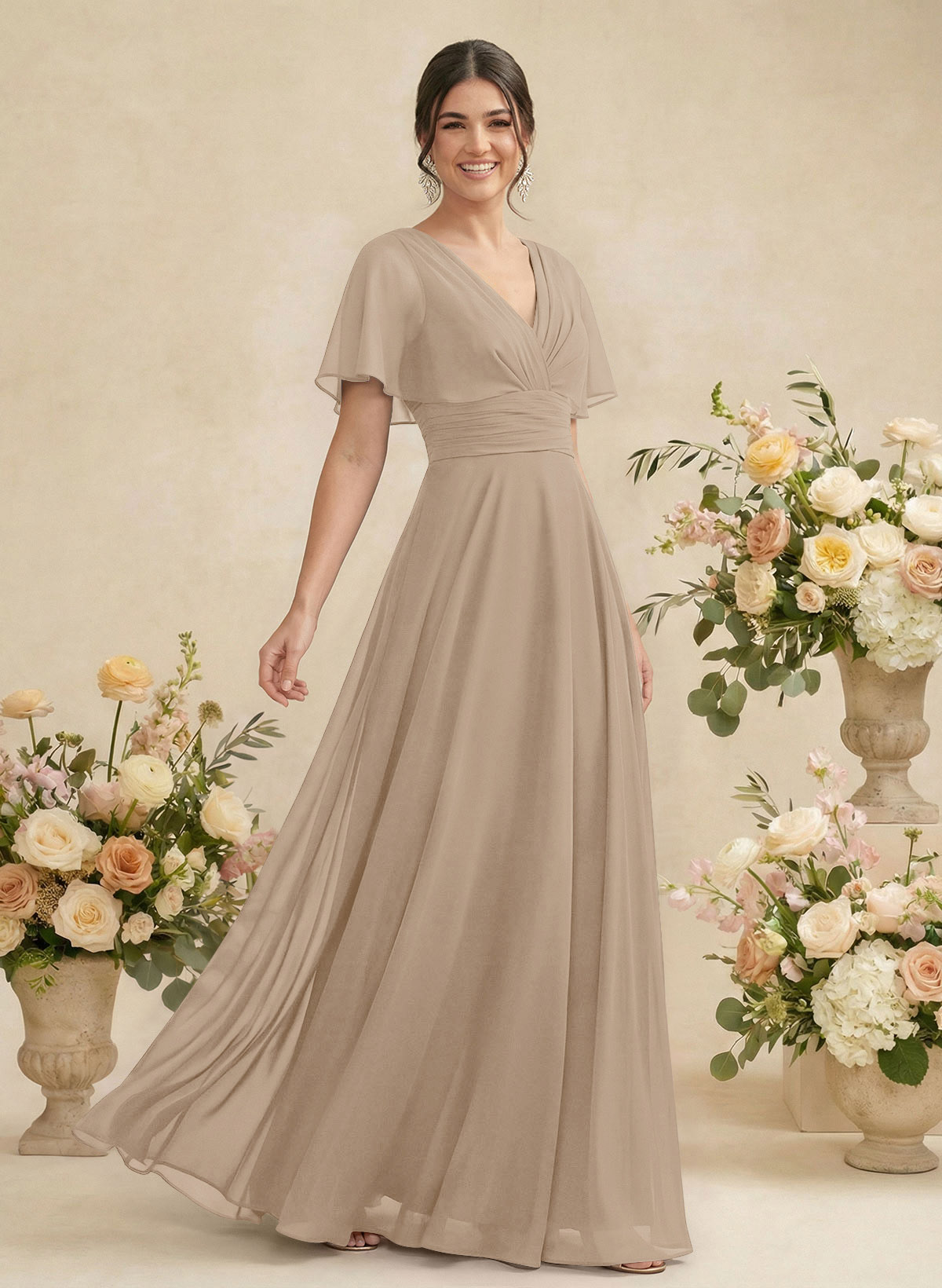 V-Neck Chiffon Bridesmaid Dresses With Short Sleeves, product image 193