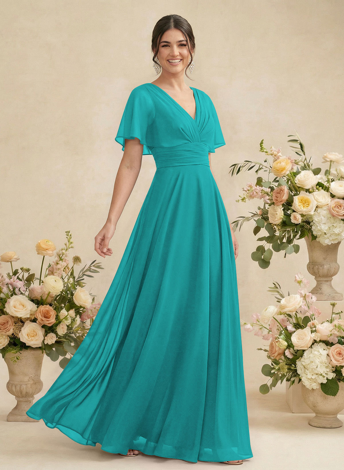 V-Neck Chiffon Bridesmaid Dresses With Short Sleeves, product image 269