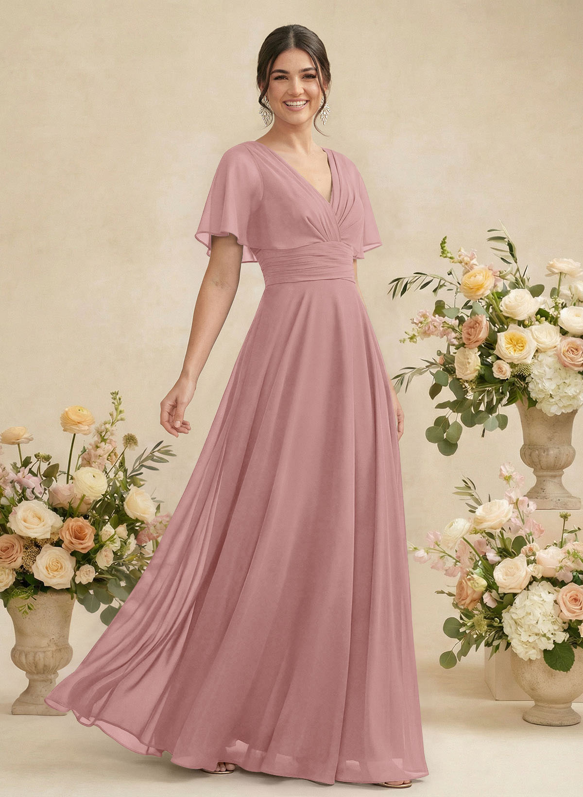 V-Neck Chiffon Bridesmaid Dresses With Short Sleeves, product image 113