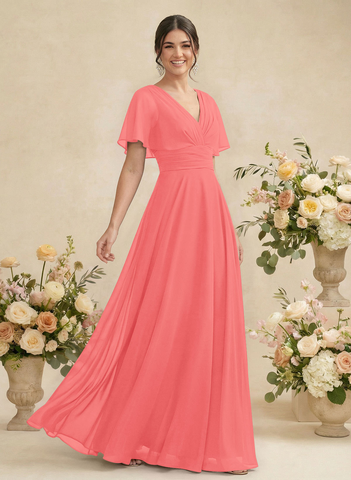 V-Neck Chiffon Bridesmaid Dresses With Short Sleeves, product image 73
