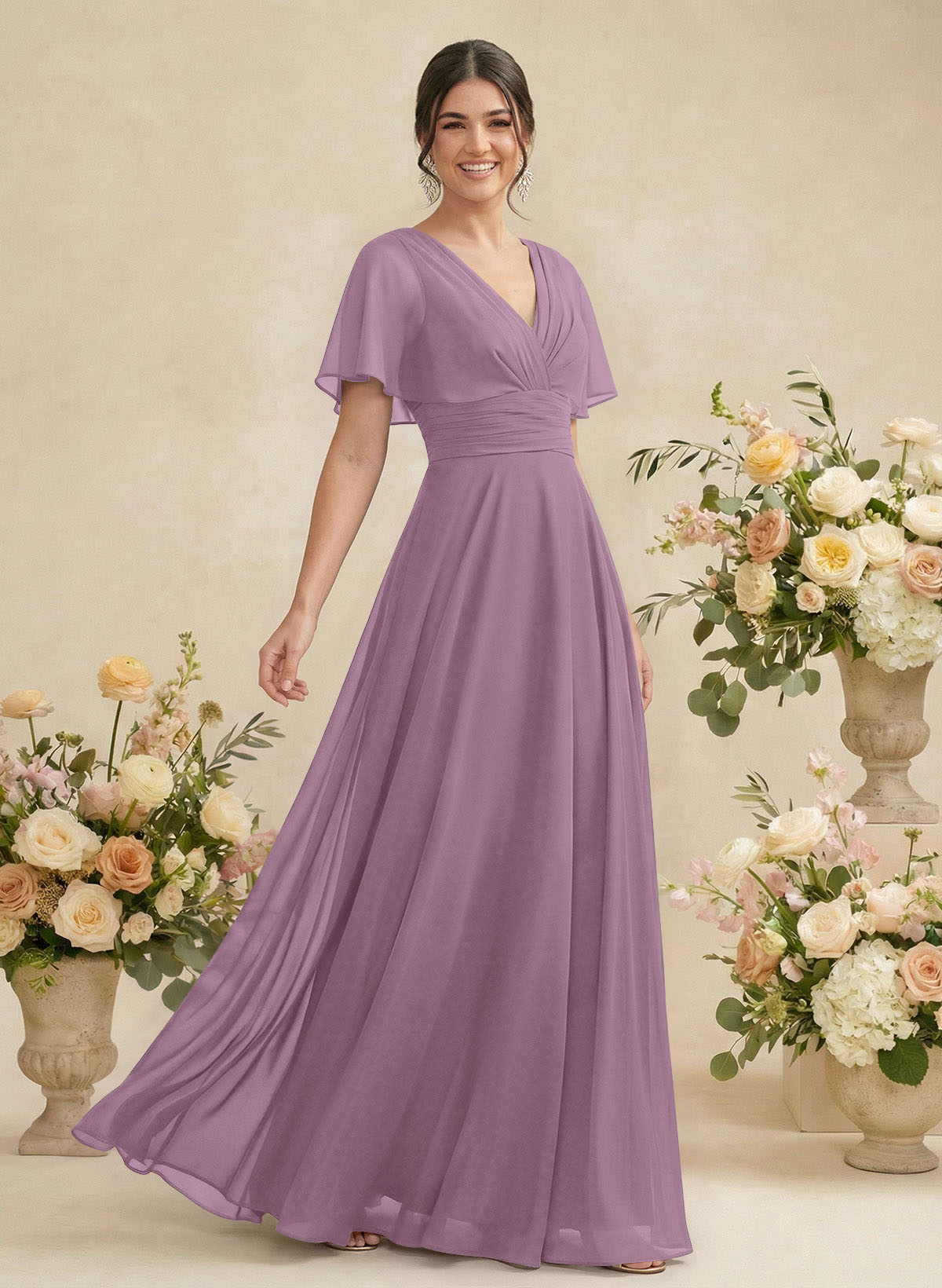 V-Neck Chiffon Bridesmaid Dresses With Short Sleeves, product image 109