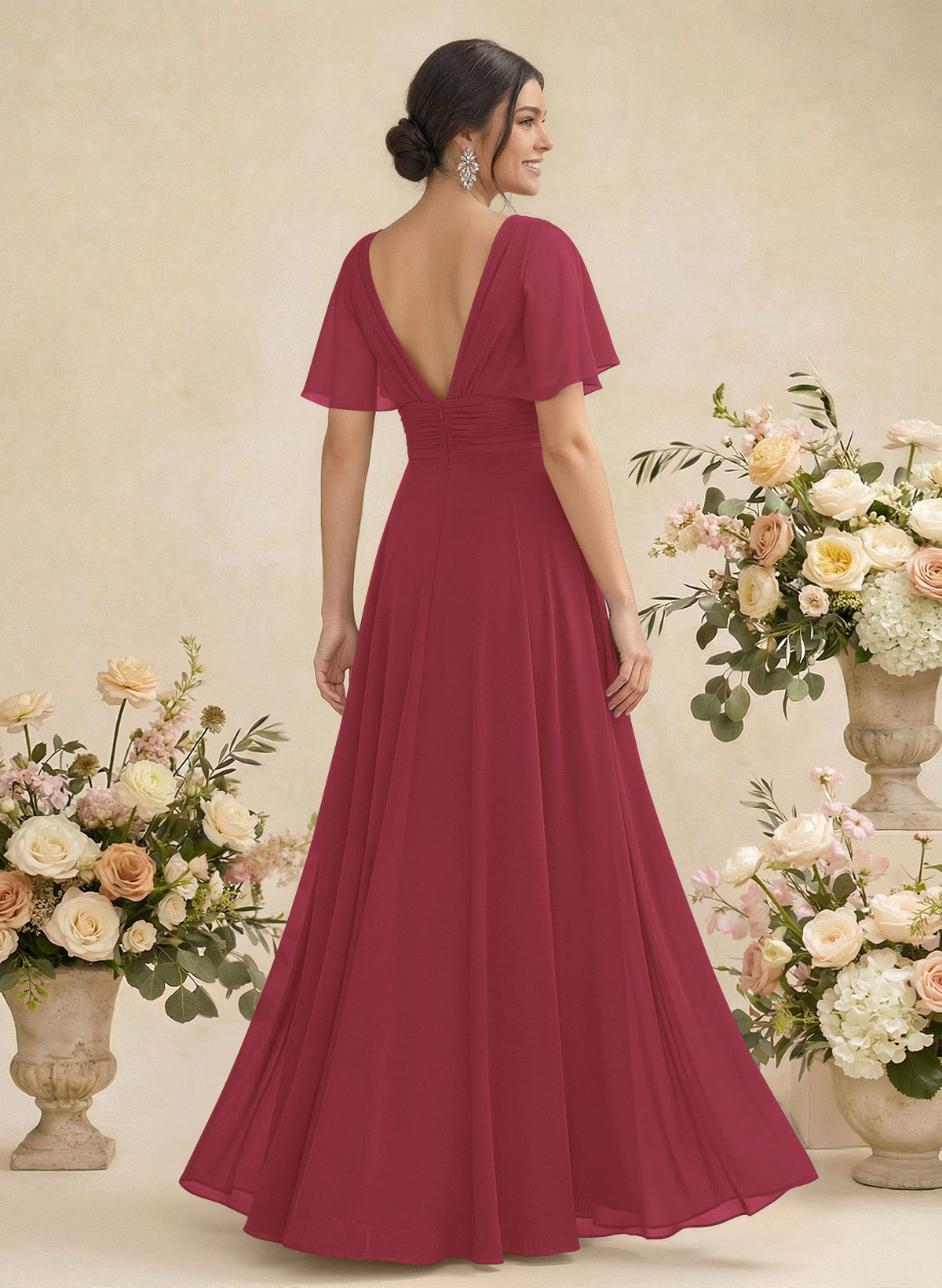 V-Neck Chiffon Bridesmaid Dresses With Short Sleeves, product image 58