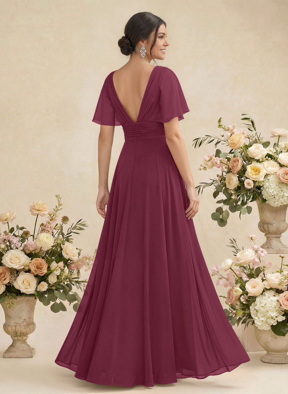 V-Neck Chiffon Bridesmaid Dresses With Short Sleeves, product image 62