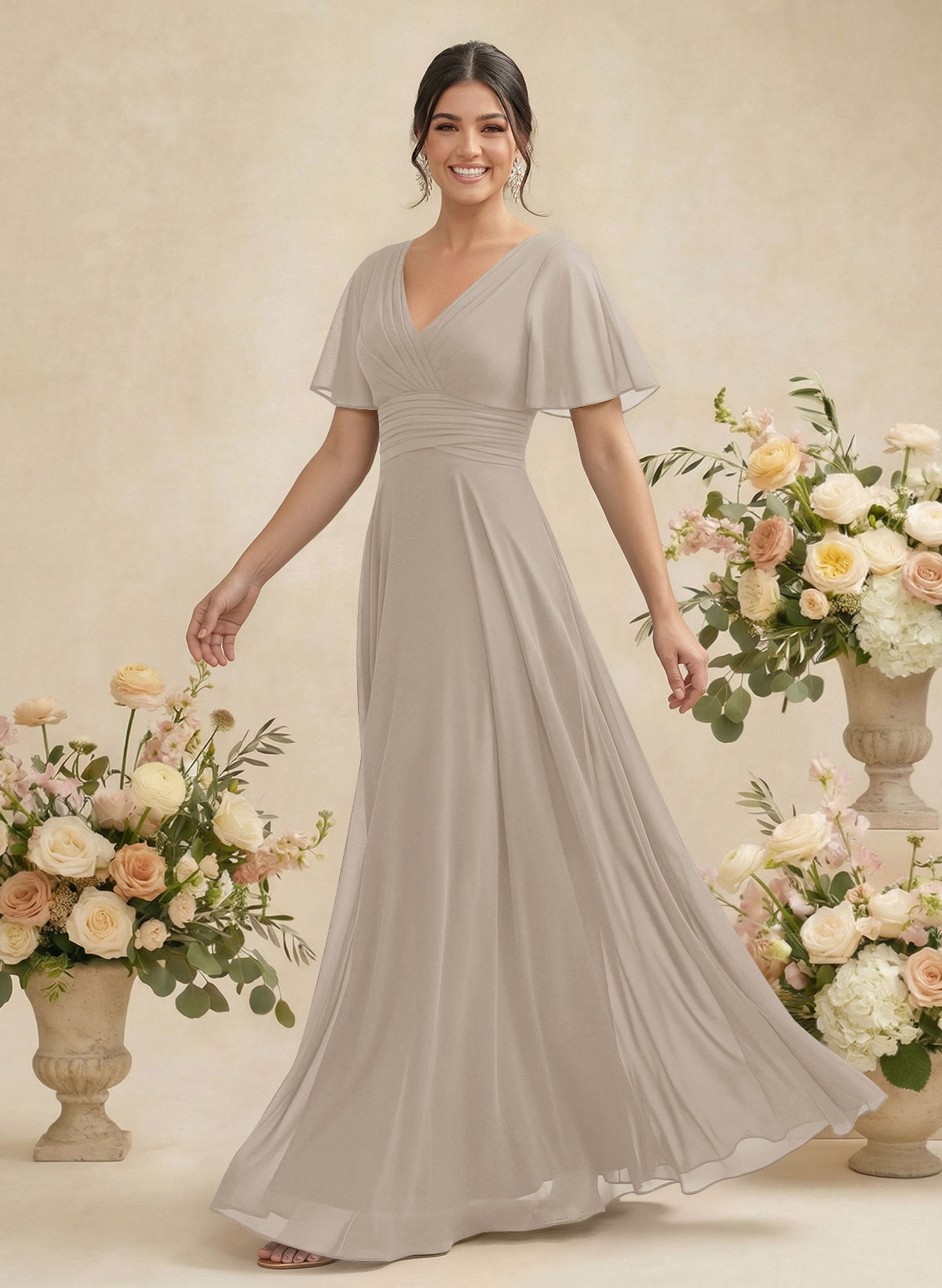 V-Neck Chiffon Bridesmaid Dresses With Short Sleeves, product image 243