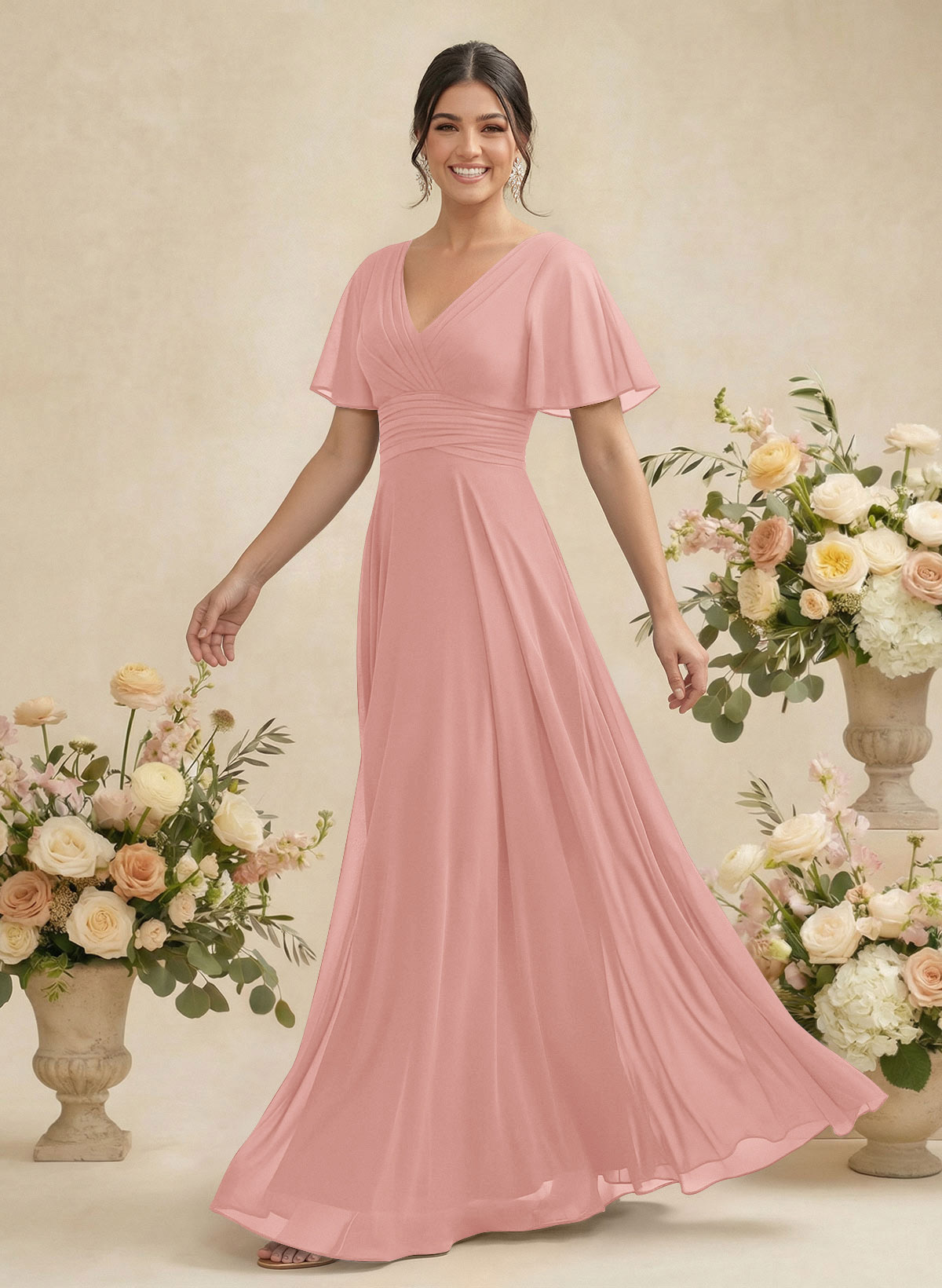 V-Neck Chiffon Bridesmaid Dresses With Short Sleeves, product image 87