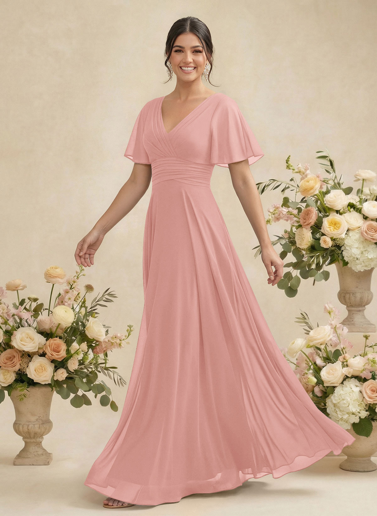 V-Neck Chiffon Bridesmaid Dresses With Short Sleeves, product image 87