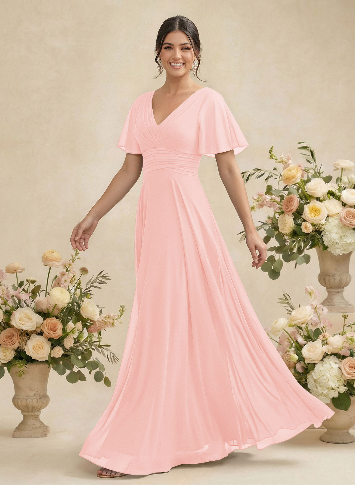 V-Neck Chiffon Bridesmaid Dresses With Short Sleeves, product image 99