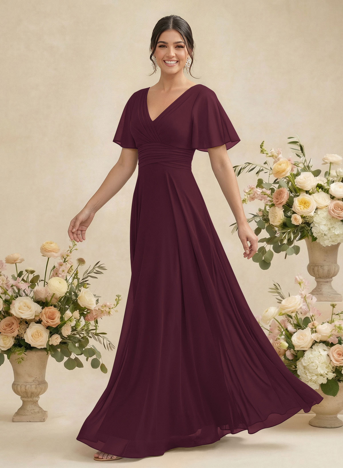 V-Neck Chiffon Bridesmaid Dresses With Short Sleeves, product image 51