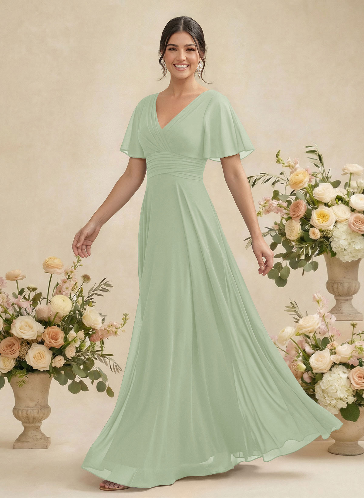 V-Neck Chiffon Bridesmaid Dresses With Short Sleeves, product image 175